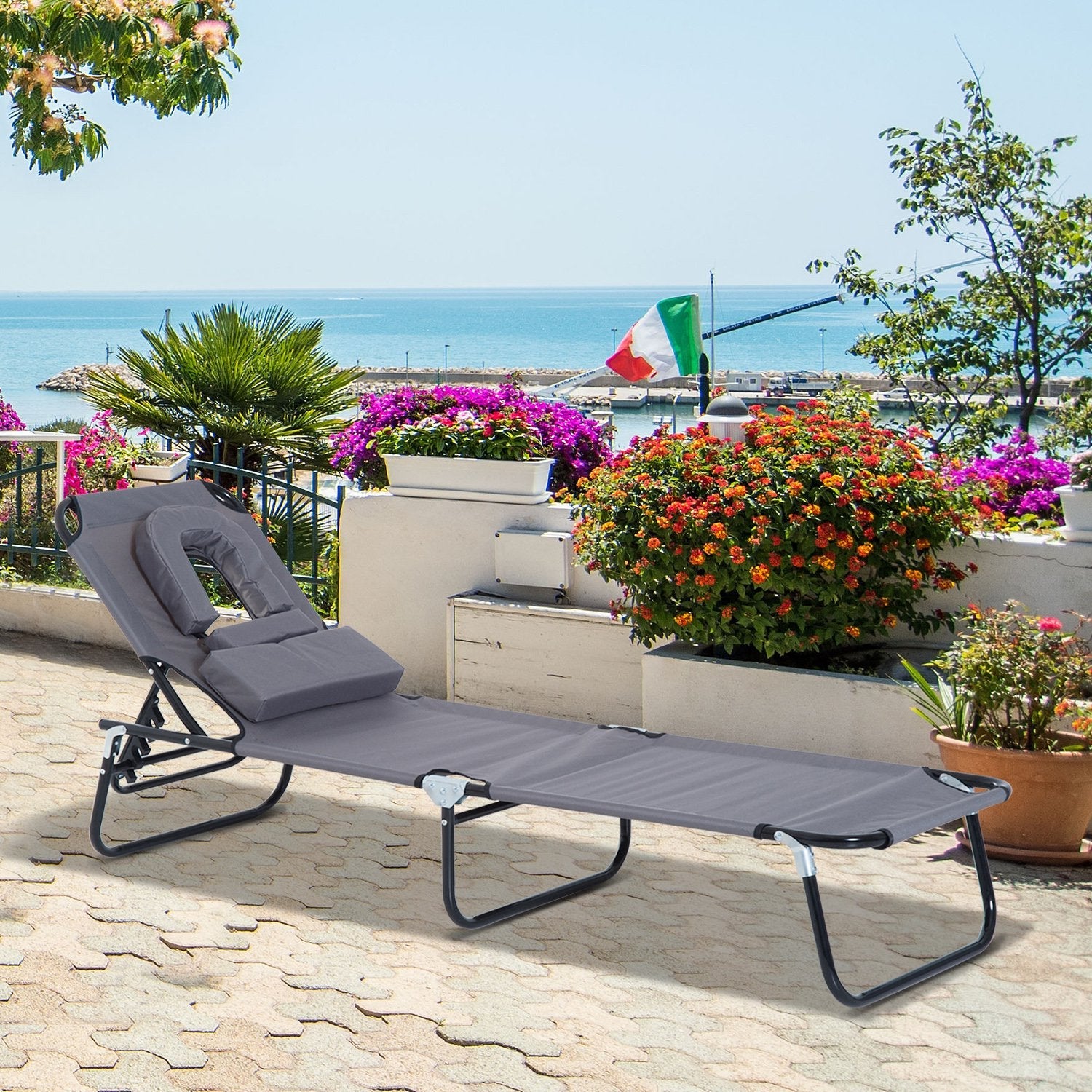 EASYCOMFORT Folding Outdoor Deck Chair with Face Hole and Cushions, Sun Lounger for Garden, Beach and Camping, Gray