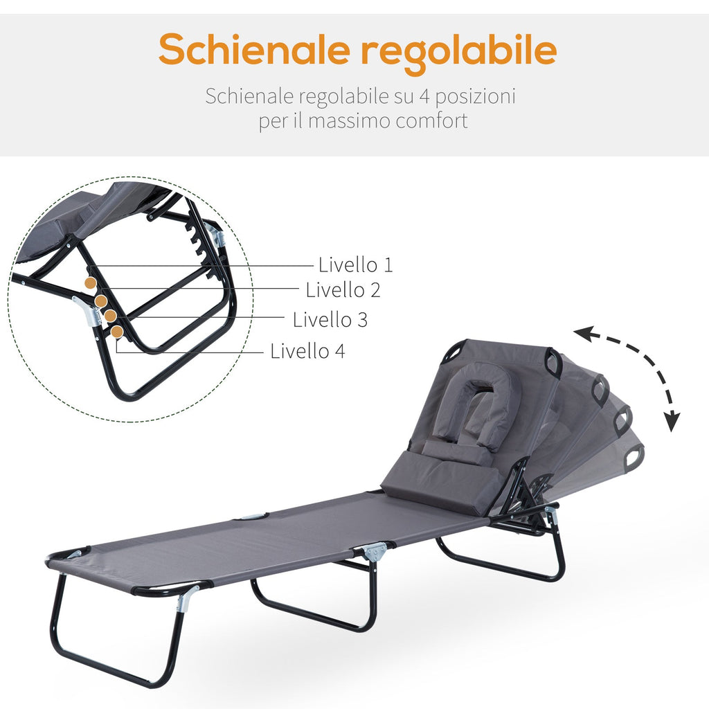 EASYCOMFORT Folding Outdoor Deck Chair with Face Hole and Cushions, Sun Lounger for Garden, Beach and Camping, Gray