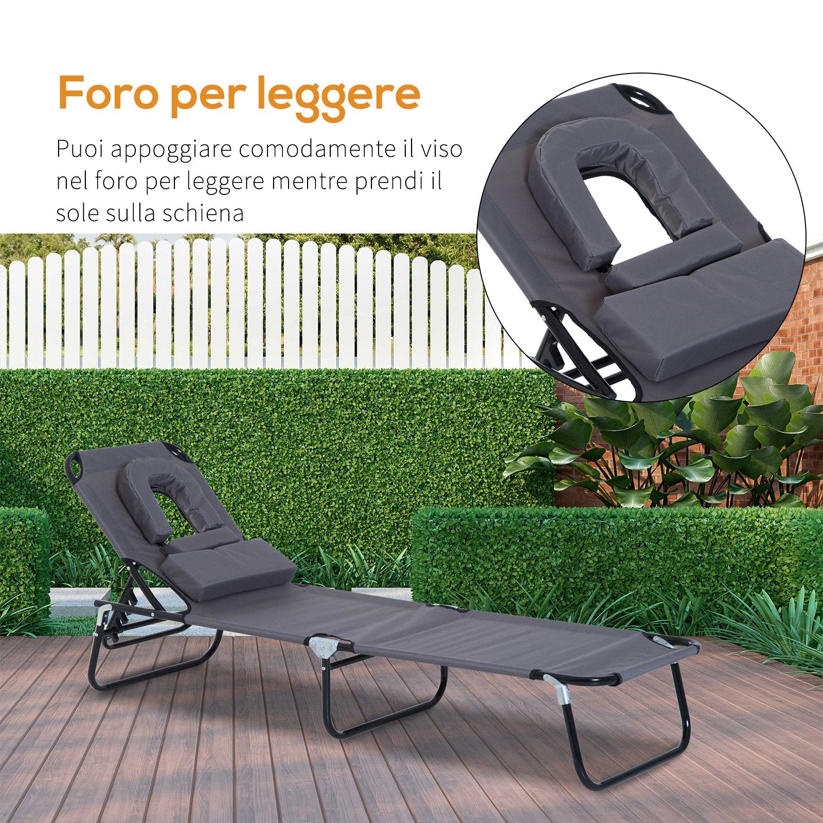 EASYCOMFORT Folding Outdoor Deck Chair with Face Hole and Cushions, Sun Lounger for Garden, Beach and Camping, Gray
