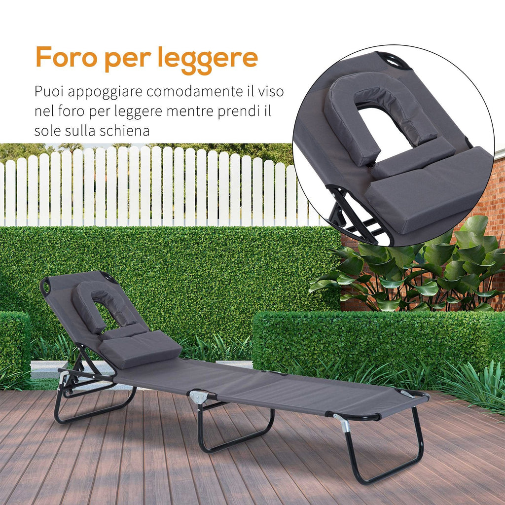 EASYCOMFORT Folding Outdoor Deck Chair with Face Hole and Cushions, Sun Lounger for Garden, Beach and Camping, Gray