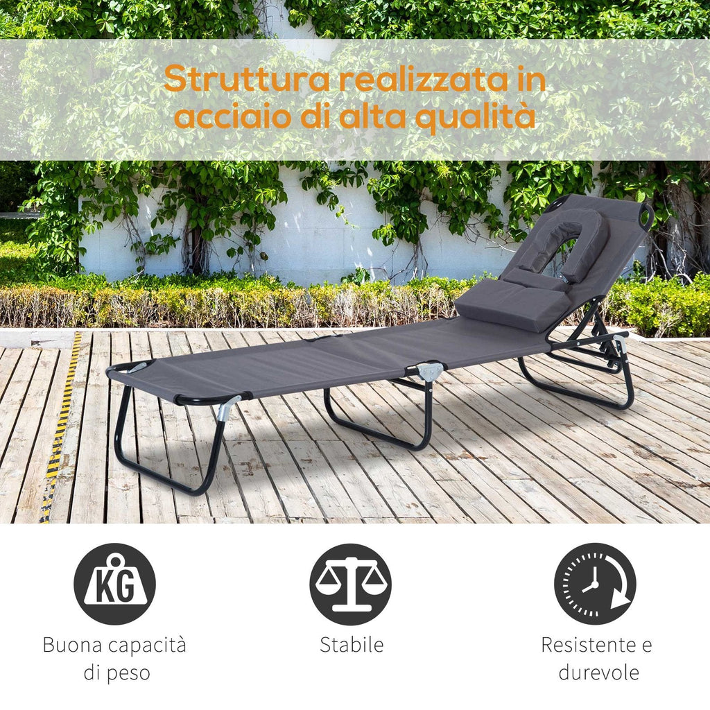 EASYCOMFORT Folding Outdoor Deck Chair with Face Hole and Cushions, Sun Lounger for Garden, Beach and Camping, Gray