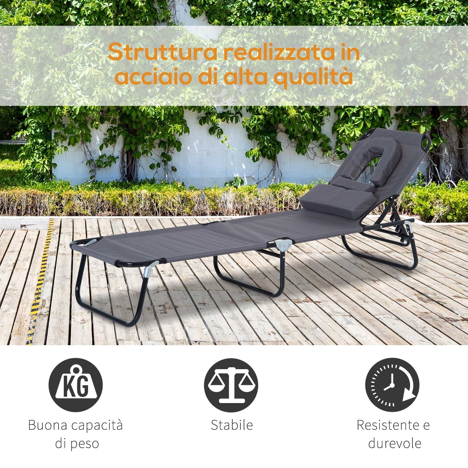 EASYCOMFORT Folding Outdoor Deck Chair with Face Hole and Cushions, Sun Lounger for Garden, Beach and Camping, Gray
