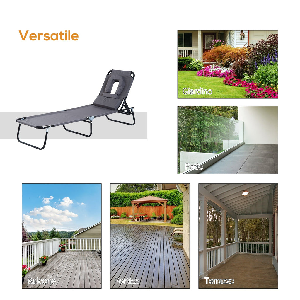 EASYCOMFORT Folding Outdoor Deck Chair with Face Hole and Cushions, Sun Lounger for Garden, Beach and Camping, Gray