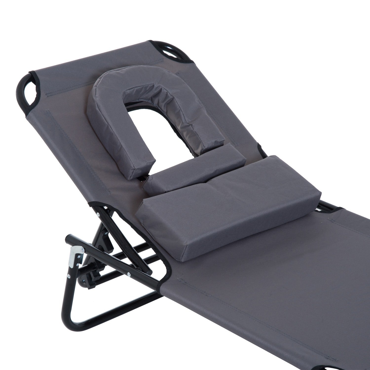 EASYCOMFORT Folding Outdoor Deck Chair with Face Hole and Cushions, Sun Lounger for Garden, Beach and Camping, Gray