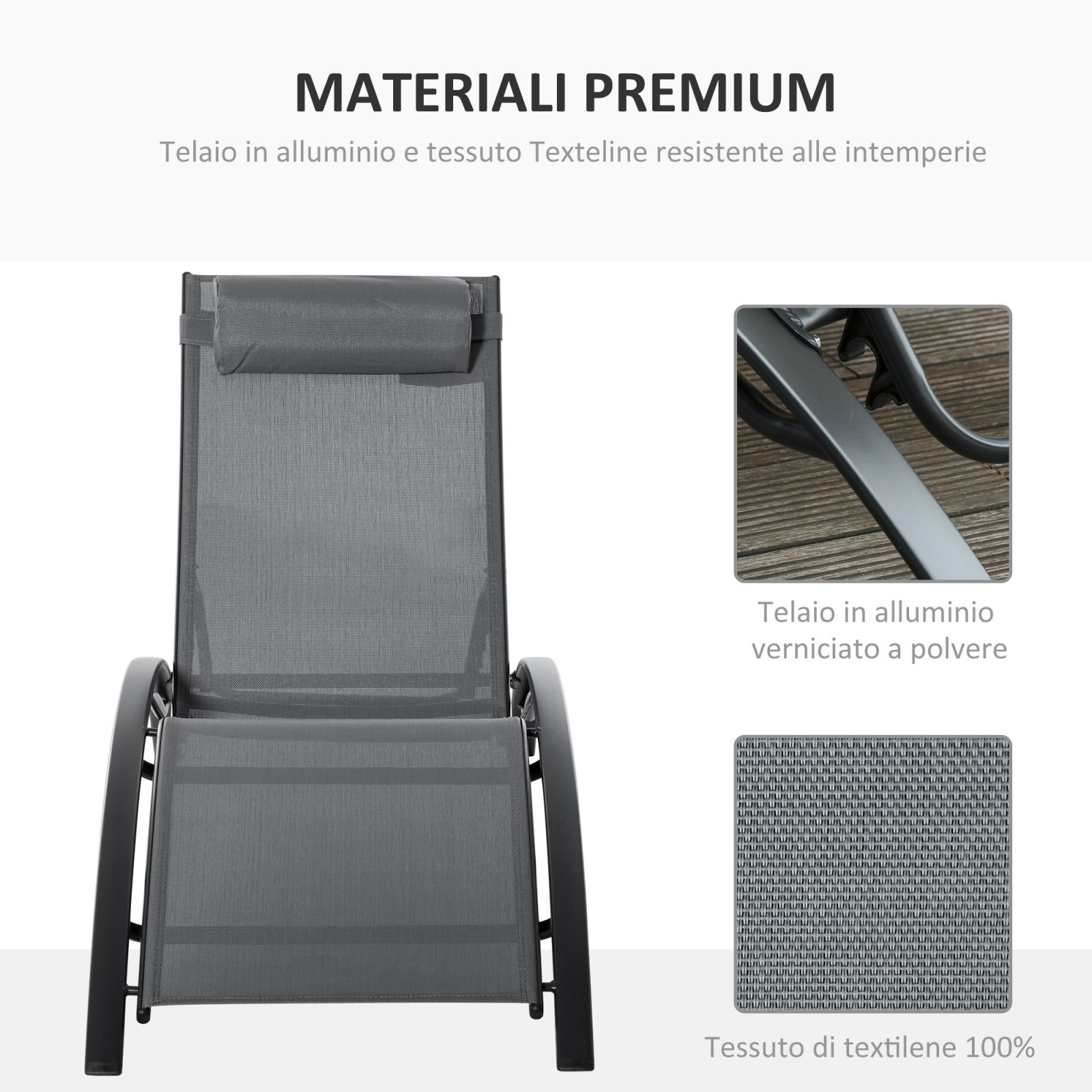 EASYCOMFORT Garden Deckchair Reclining on 5 Levels with Removable Cushion in Aluminum and Gray Texteline