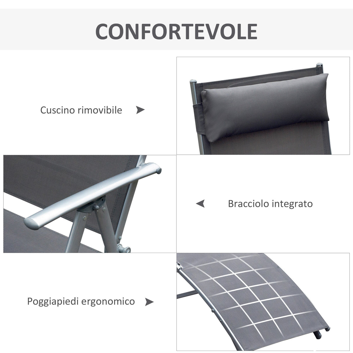 EasyComfort Vouw-ligstoel met kussen, 7 standen, 137x63.5x100.5cm