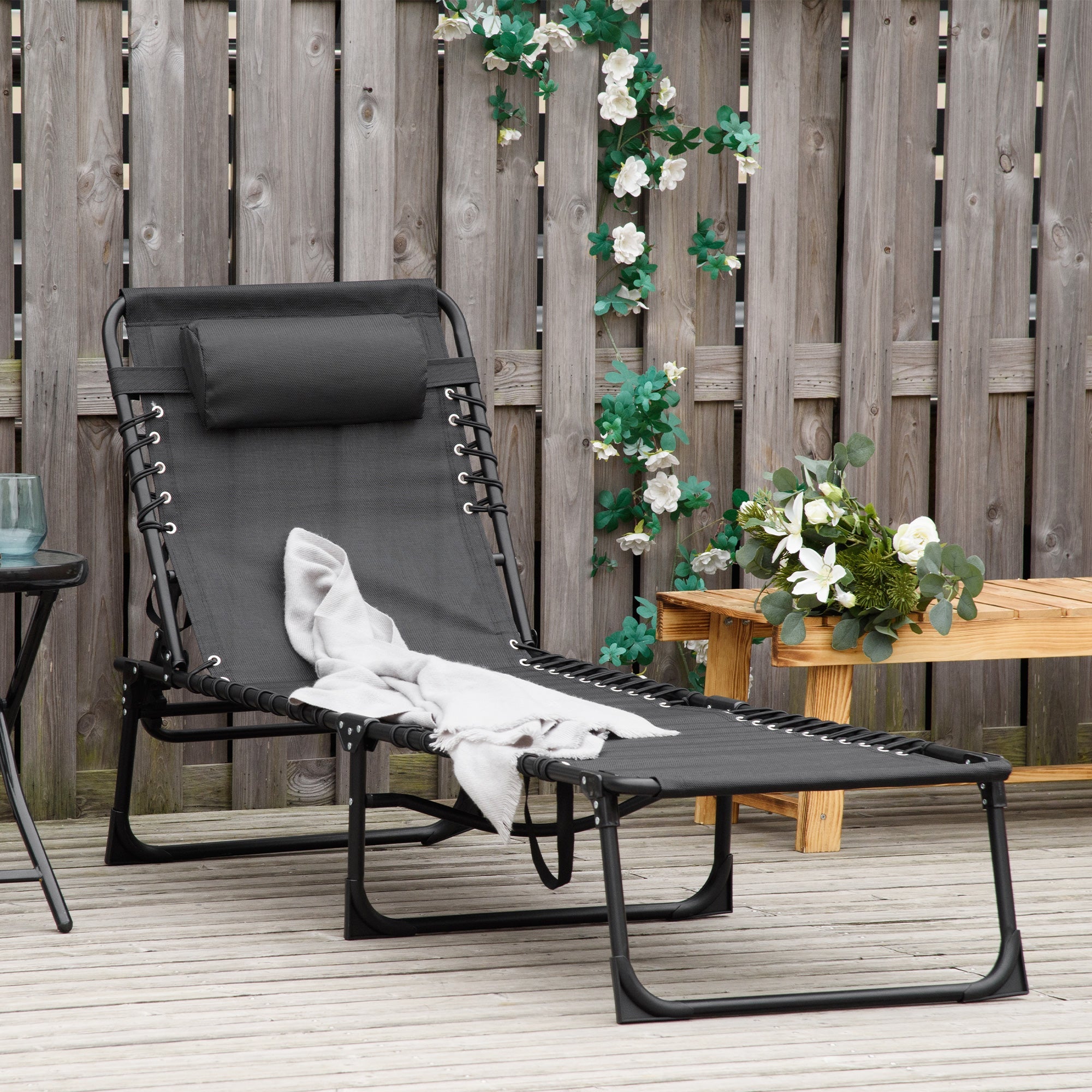 Easycomfort Lettino Prendisole in Acciaio e Tessuto Traspirante with Schienale Reclinabile, 197x58x30 cm, black