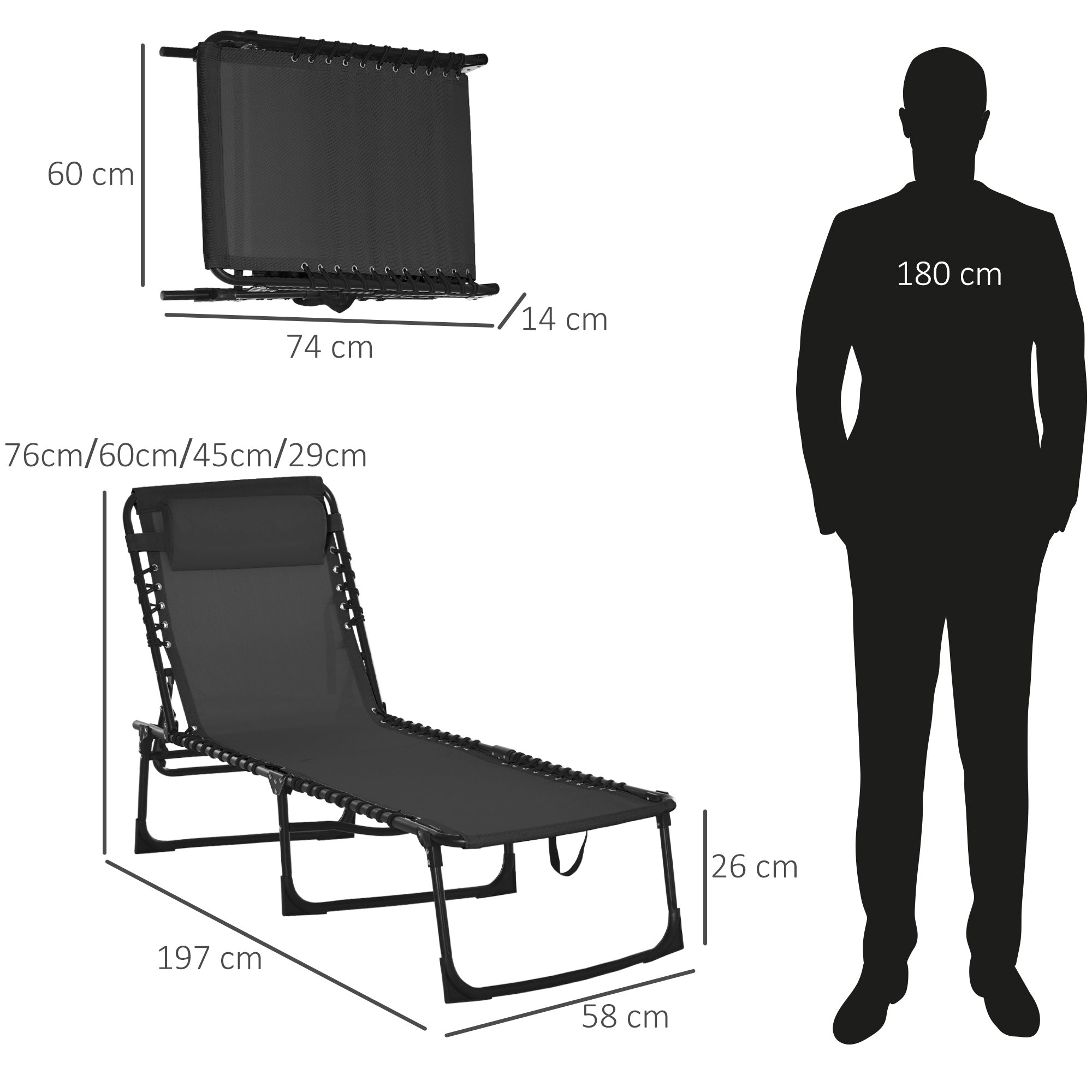 Easycomfort Lettino Prendisole in Acciaio e Tessuto Traspirante with Schienale Reclinabile, 197x58x30 cm, black