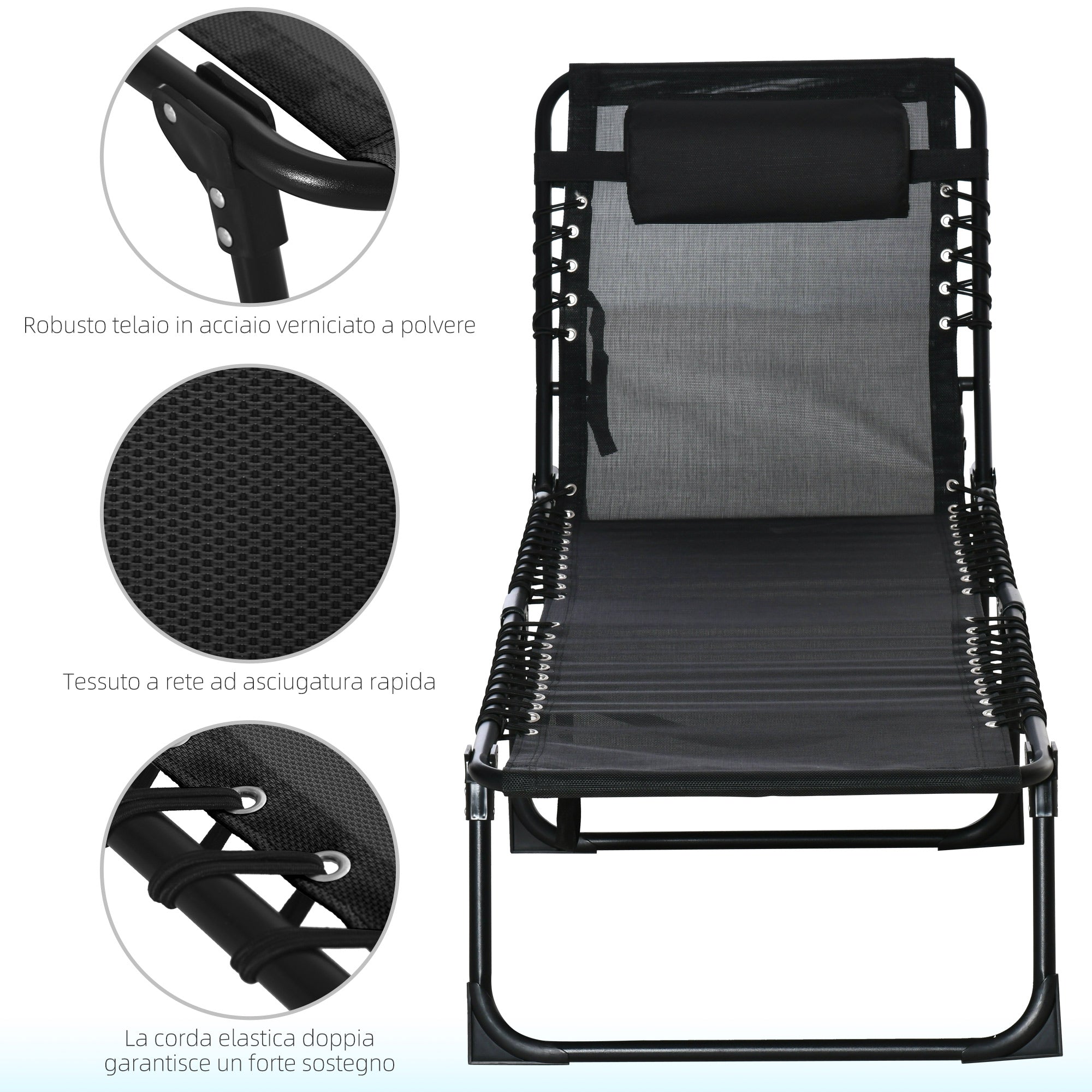 Easycomfort Lettino Prendisole in Acciaio e Tessuto Traspirante with Schienale Reclinabile, 197x58x30 cm, black