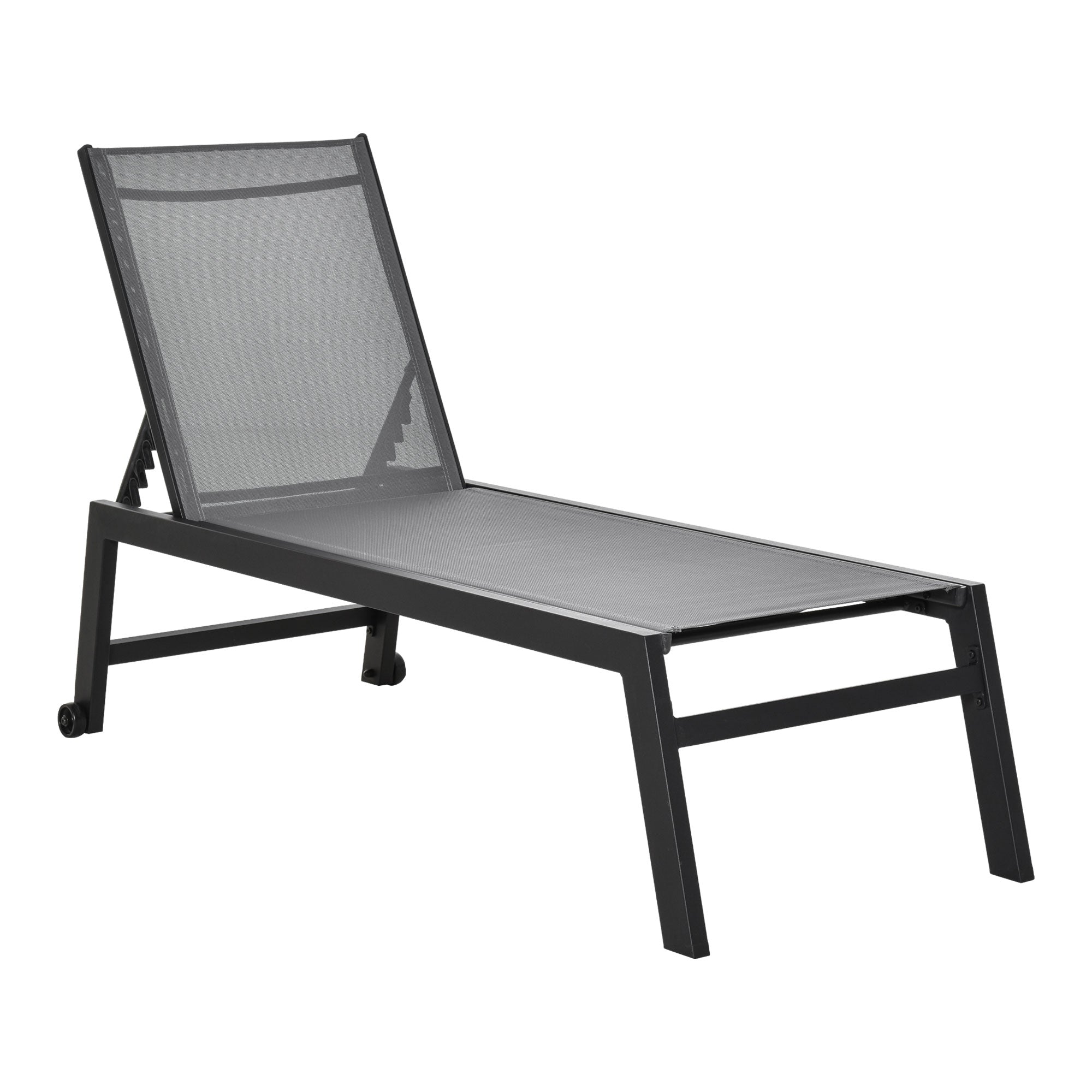 EASYCOMFORT Sun Lounger in Aluminum and Texteline Adjustable Backrest, Gray and Black, 2 Wheels 169x65x102cm