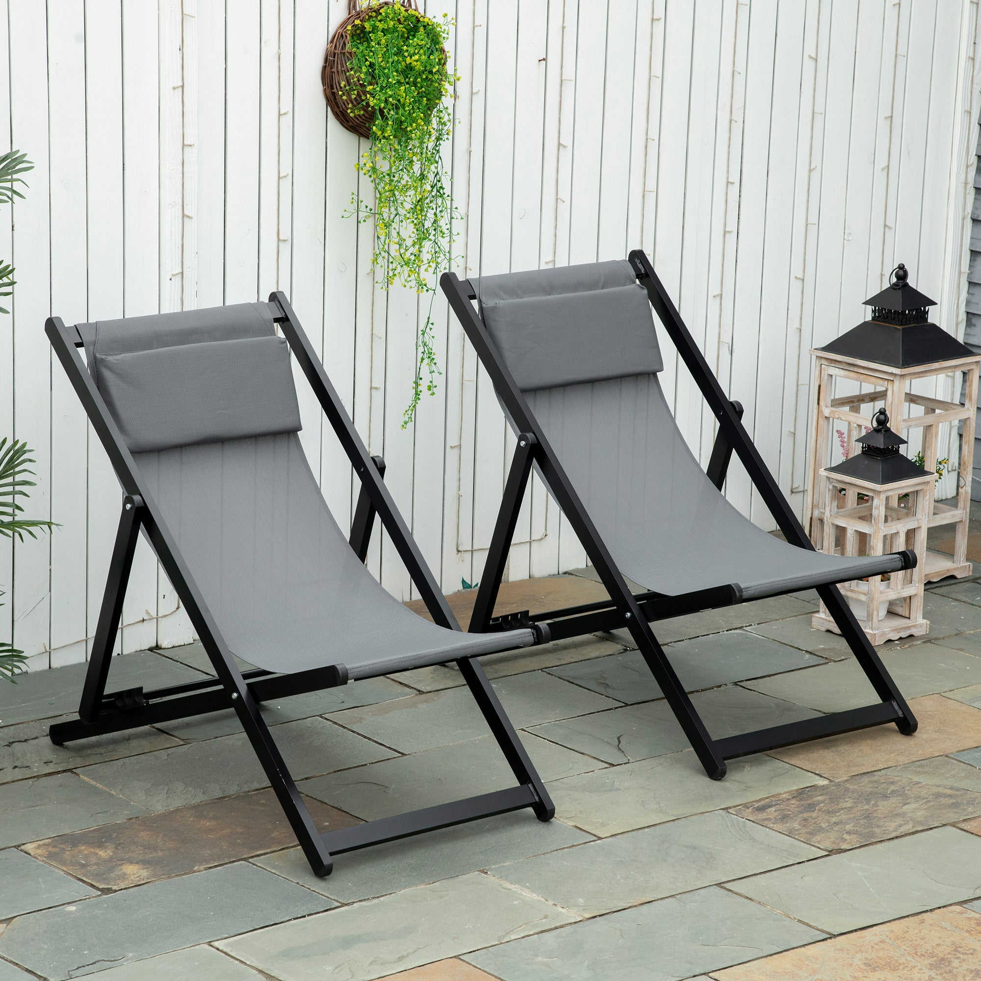 Easycomfort Set 2 Sedie Poltrona Sdraio da Esterni, Pieghevoli e Reclinabili, in Alluminio, Grigio, 96.5 x 58 x 91.5cm