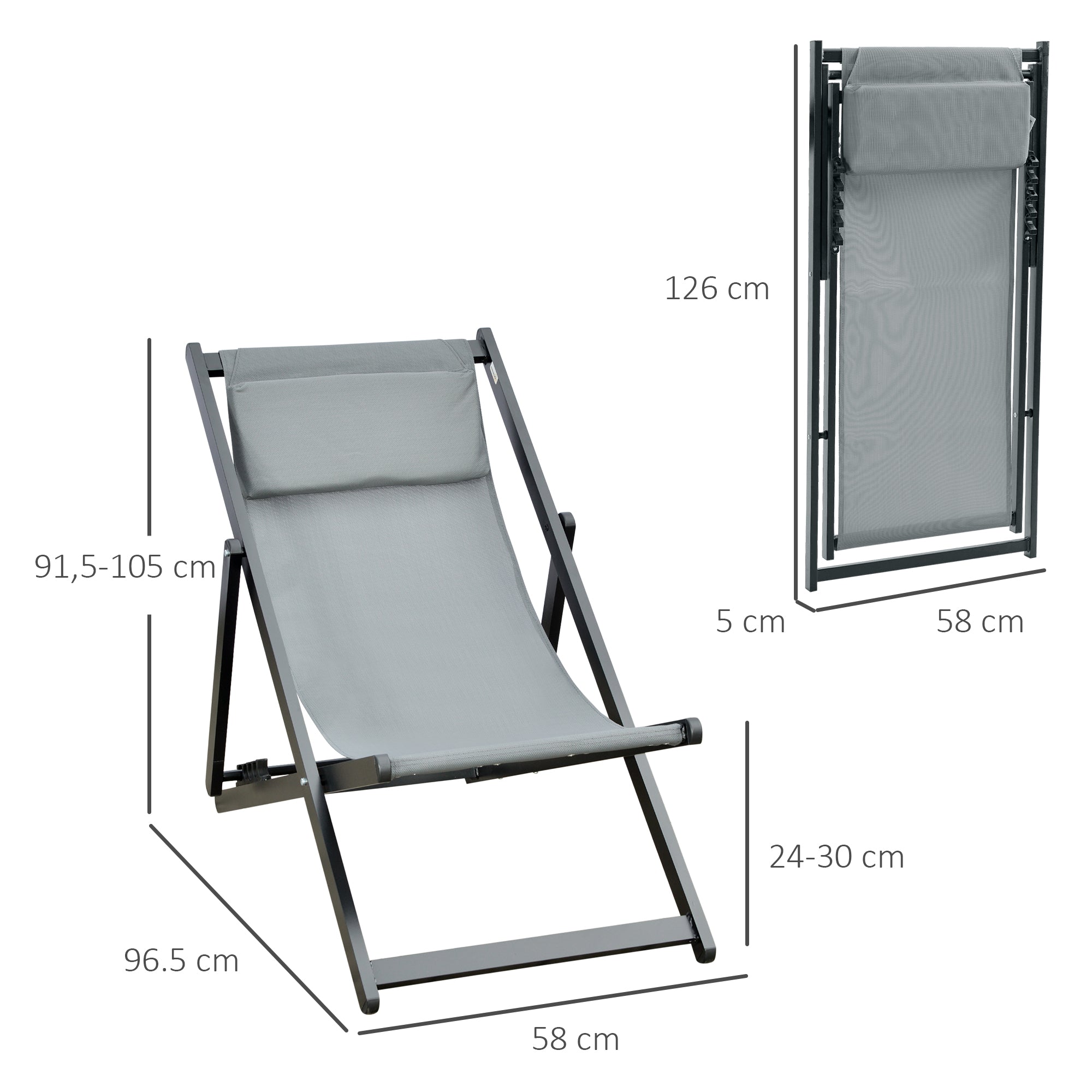Easycomfort Set 2 Sedie Poltrona Sdraio da Esterni, Pieghevoli e Reclinabili, in Alluminio, Grigio, 96.5 x 58 x 91.5cm