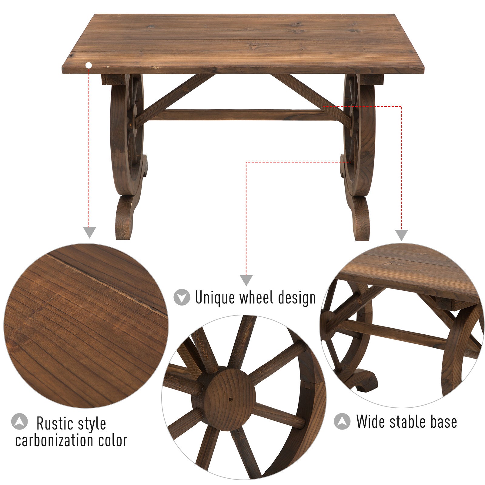EASYCOMFORT Country Style Garden Table with Wheel Legs, in Weatherproof Fir Wood 113x60x65cm