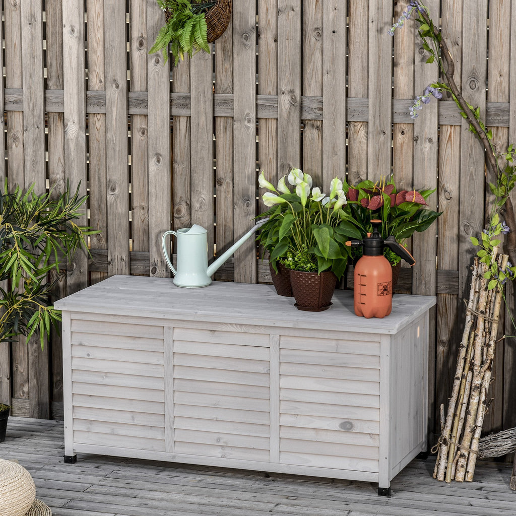 EASYCOMFORT Storage Bench in Fir Wood, Outdoor Chest with Non-Slip Feet 127x56x60cm, Gray