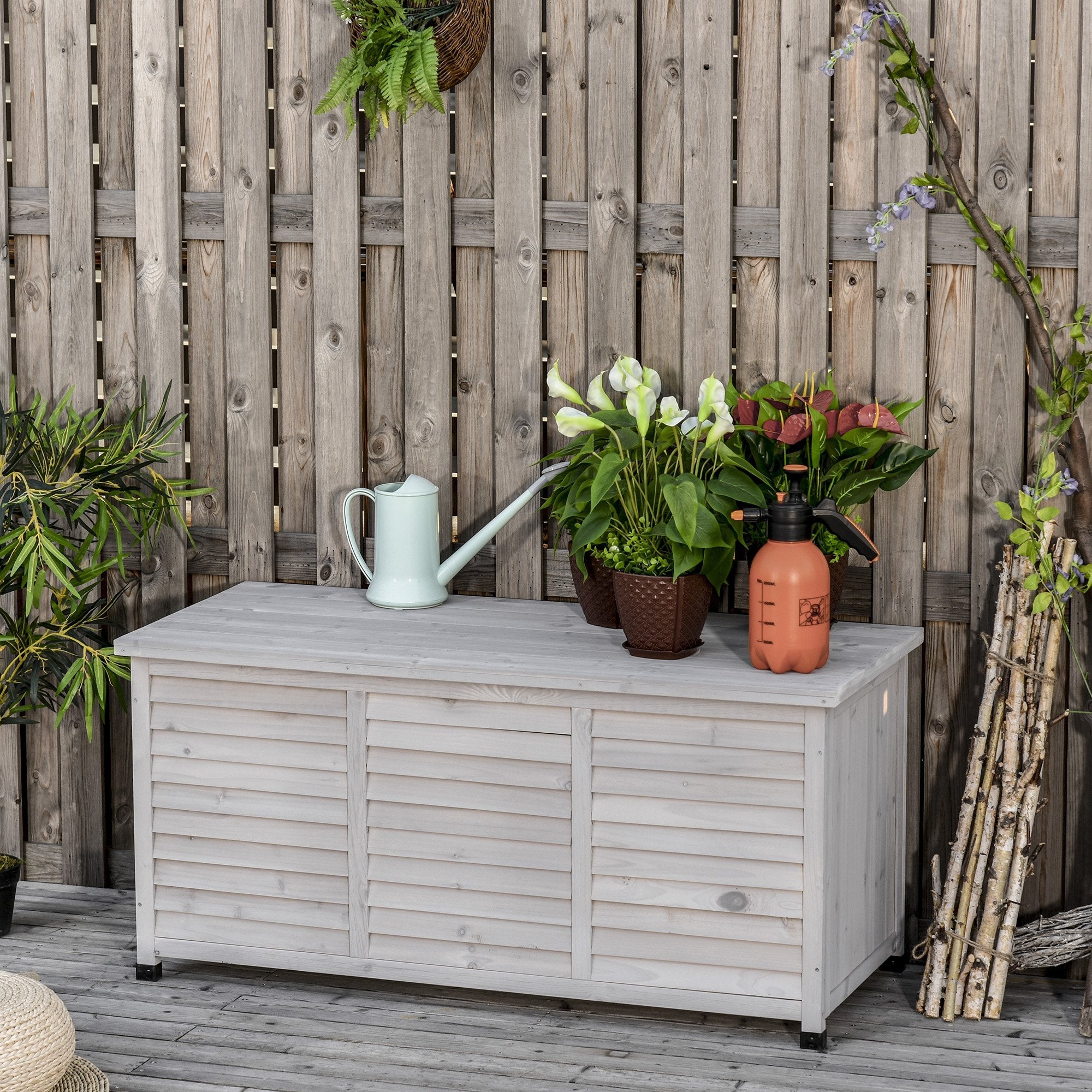 EASYCOMFORT Storage Bench in Fir Wood, Outdoor Chest with Non-Slip Feet 127x56x60cm, Gray