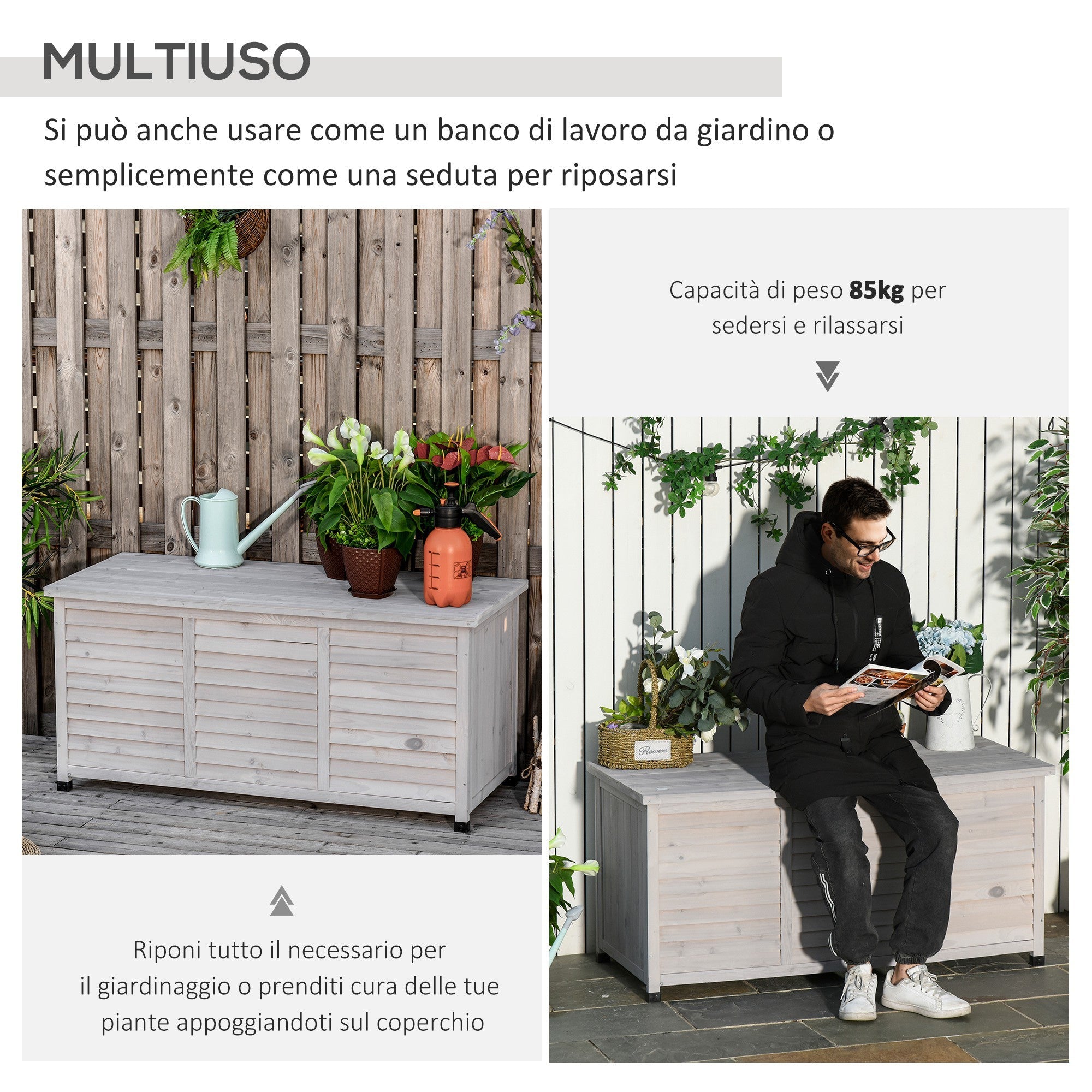 EASYCOMFORT Storage Bench in Fir Wood, Outdoor Chest with Non-Slip Feet 127x56x60cm, Gray