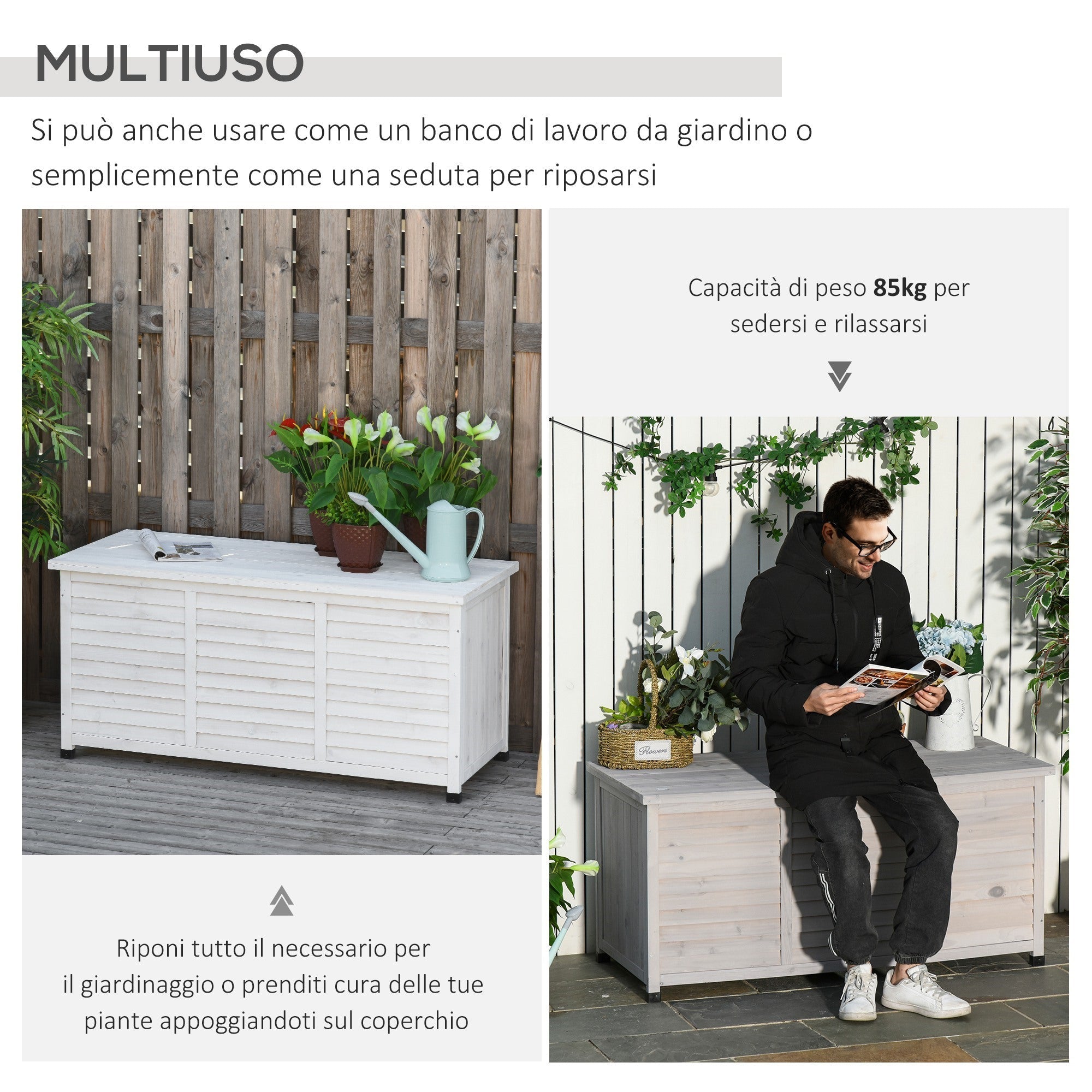 EASYCOMFORT Storage Bench in Fir Wood, Outdoor Chest with Non-Slip Feet 127x56x60cm, White