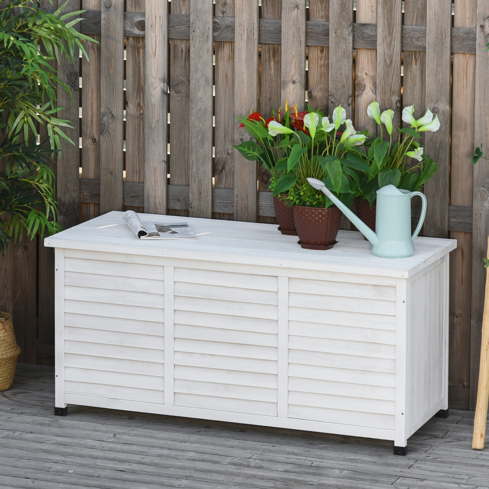 EASYCOMFORT Storage Bench in Fir Wood, Outdoor Chest with Non-Slip Feet 127x56x60cm, White