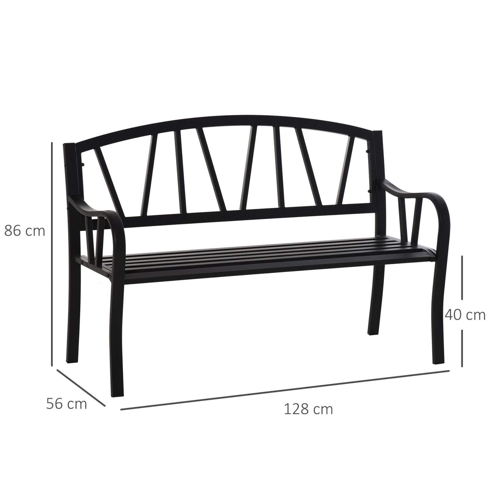 EASYCOMFORT Garden Bench in Waterproof Black Metal, 2-Seater Outdoor Iron Bench, 128x56x86cm