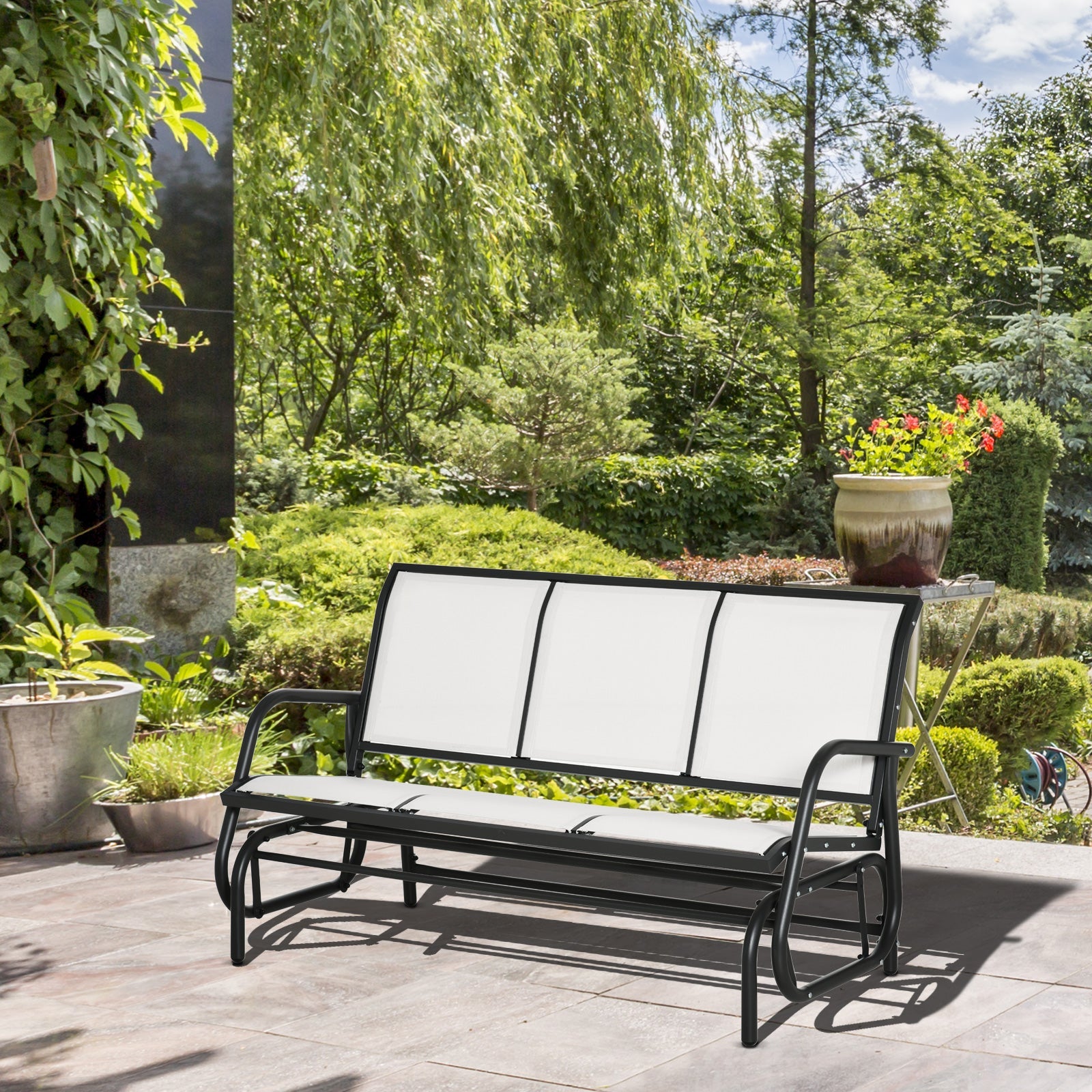 EASYCOMFORT 3-Seater Garden Rocking Bench in Metal and Breathable Mesh Fabric, 151x75x85cm, Beige