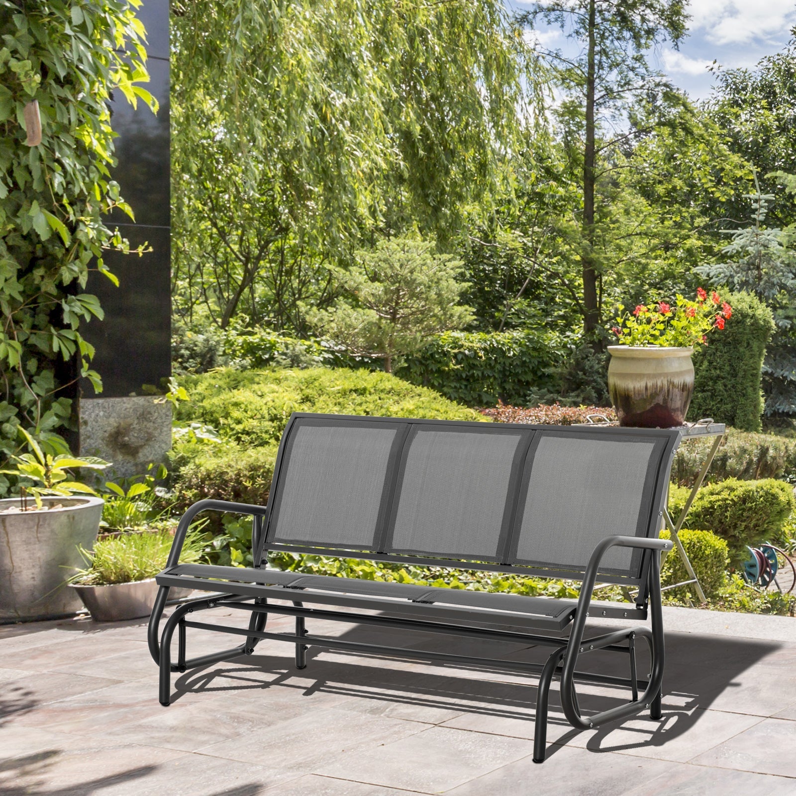 EASYCOMFORT 3-Seater Garden Rocking Bench in Metal and Breathable Mesh Fabric, 151x75x85cm, Gray