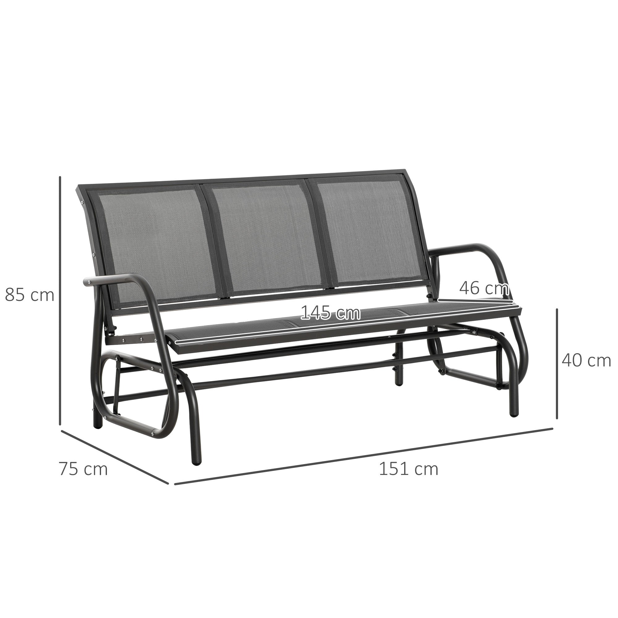 EASYCOMFORT 3-Seater Garden Rocking Bench in Metal and Breathable Mesh Fabric, 151x75x85cm, Gray