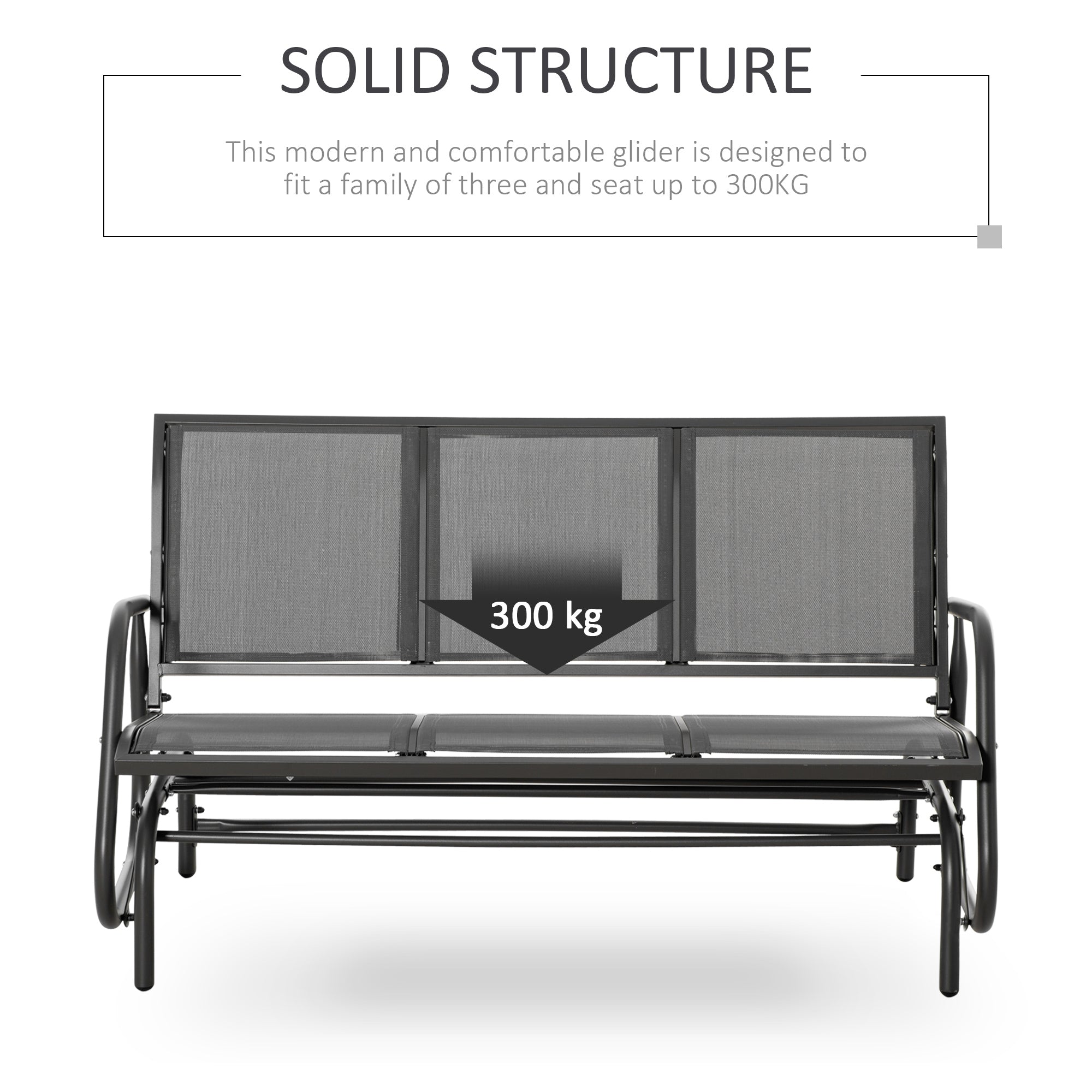 EASYCOMFORT 3-Seater Garden Rocking Bench in Metal and Breathable Mesh Fabric, 151x75x85cm, Gray