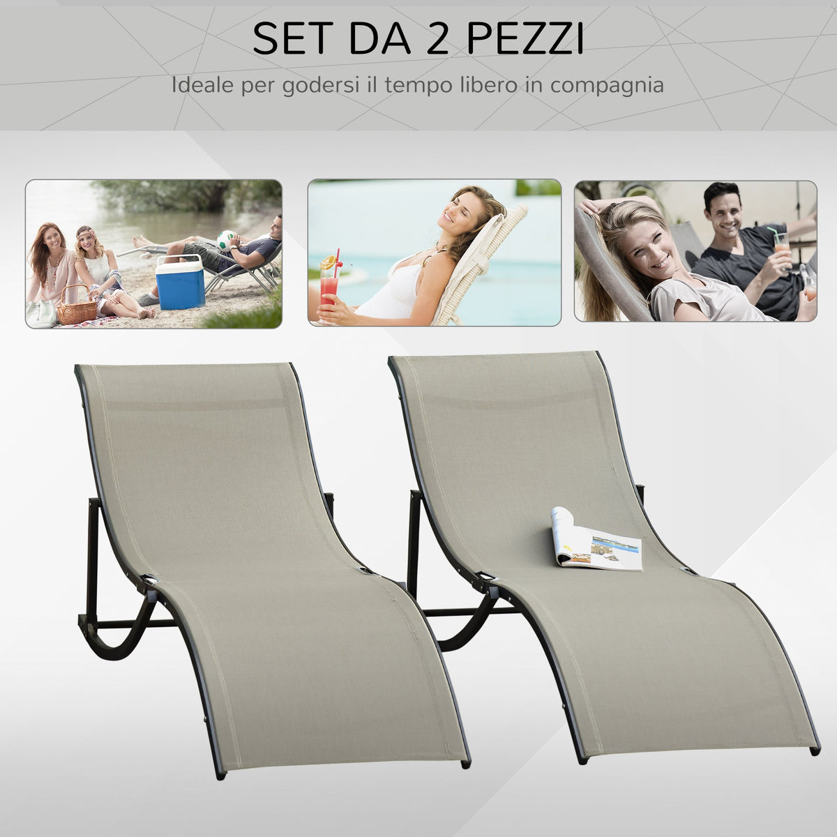 EasyComfort Set van 2 vouwbare tuinligstoelen, aluminium/texteline, 61x165x63 cm