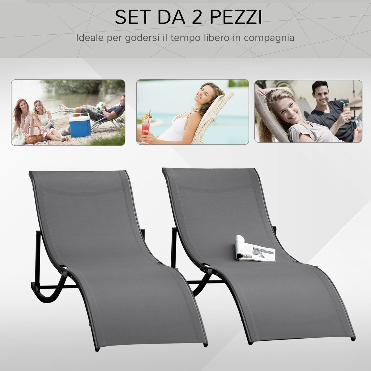 EasyComfort Set van 2 opvouwbare tuinligstoelen 61x165x63 cm