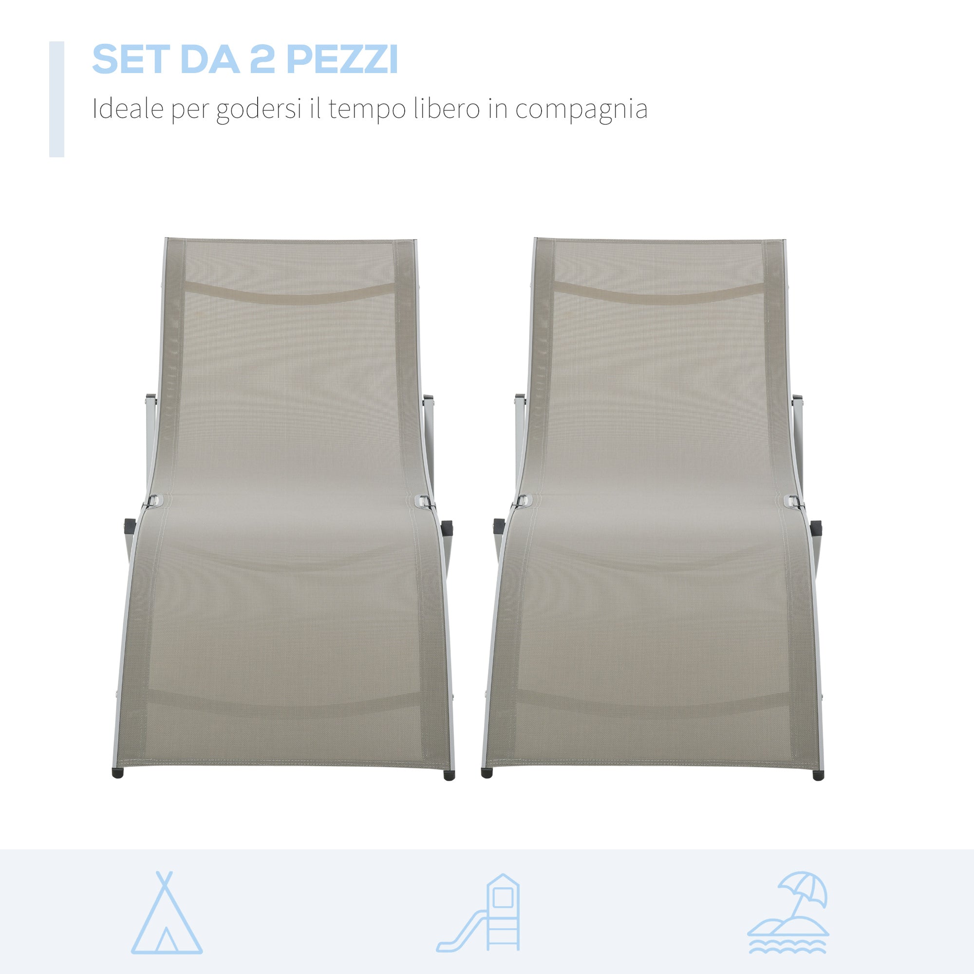 EASYCOMFORT Set of 2 Folding Garden Deckchairs, Sun Lounger in Aluminum and Textilene, 61x165x63cm