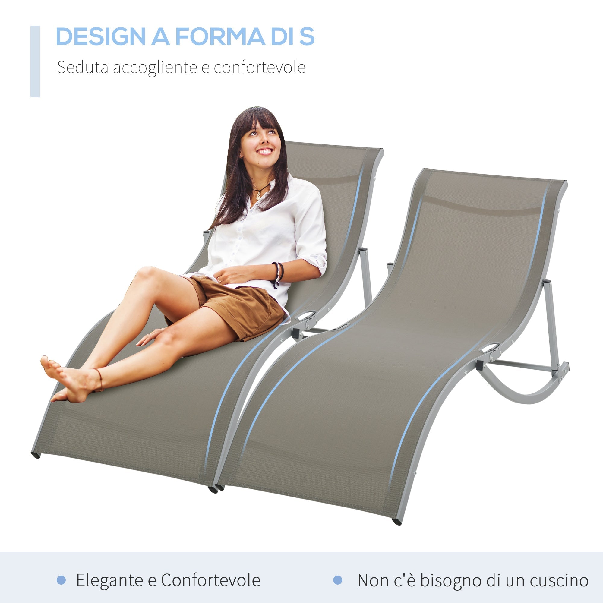 EASYCOMFORT Set of 2 Folding Garden Deckchairs, Sun Lounger in Aluminum and Textilene, 61x165x63cm