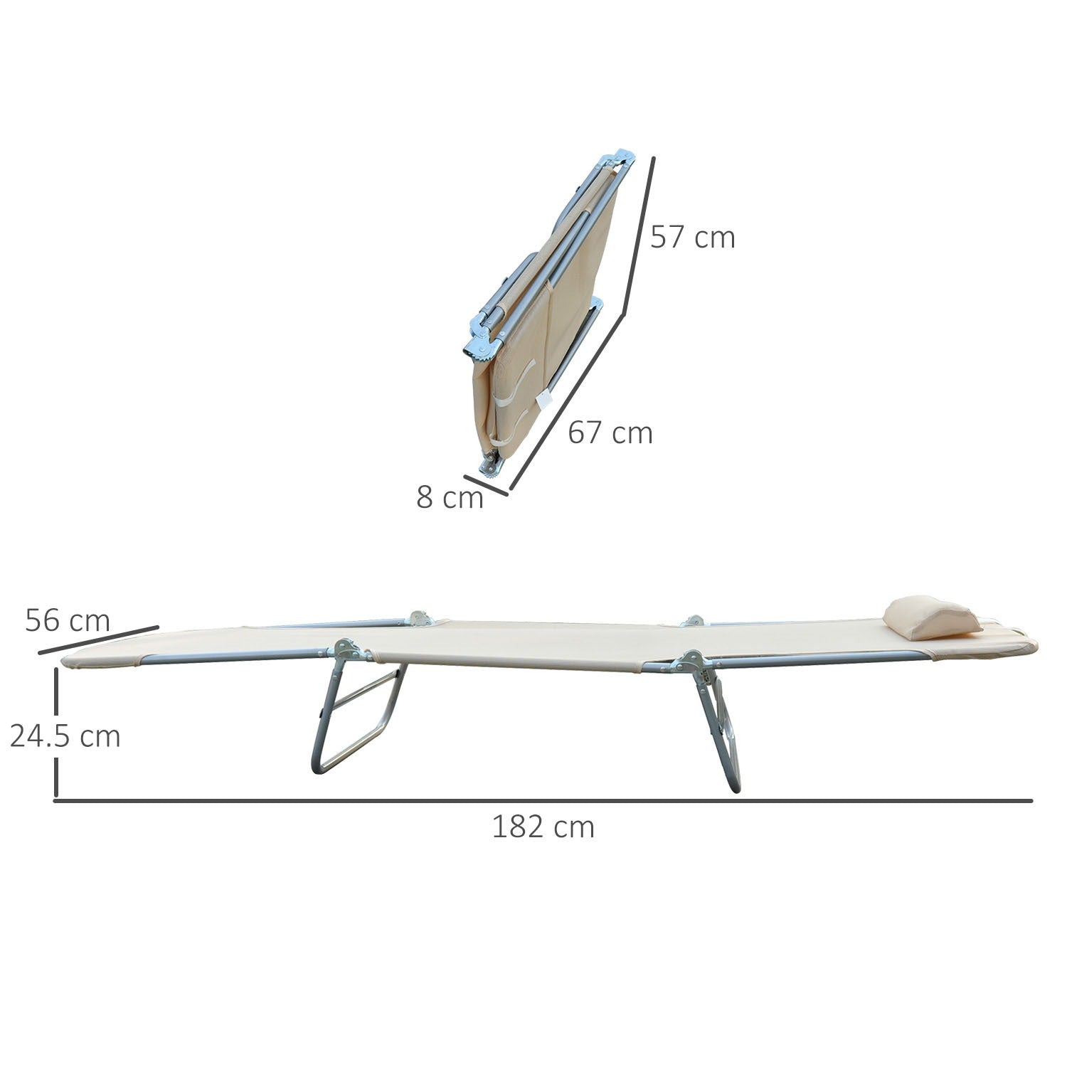EASYCOMFORT Set of 2 Folding Sun Loungers with 4-Level Reclining Backrest, Metal and Mesh Fabric, Beige