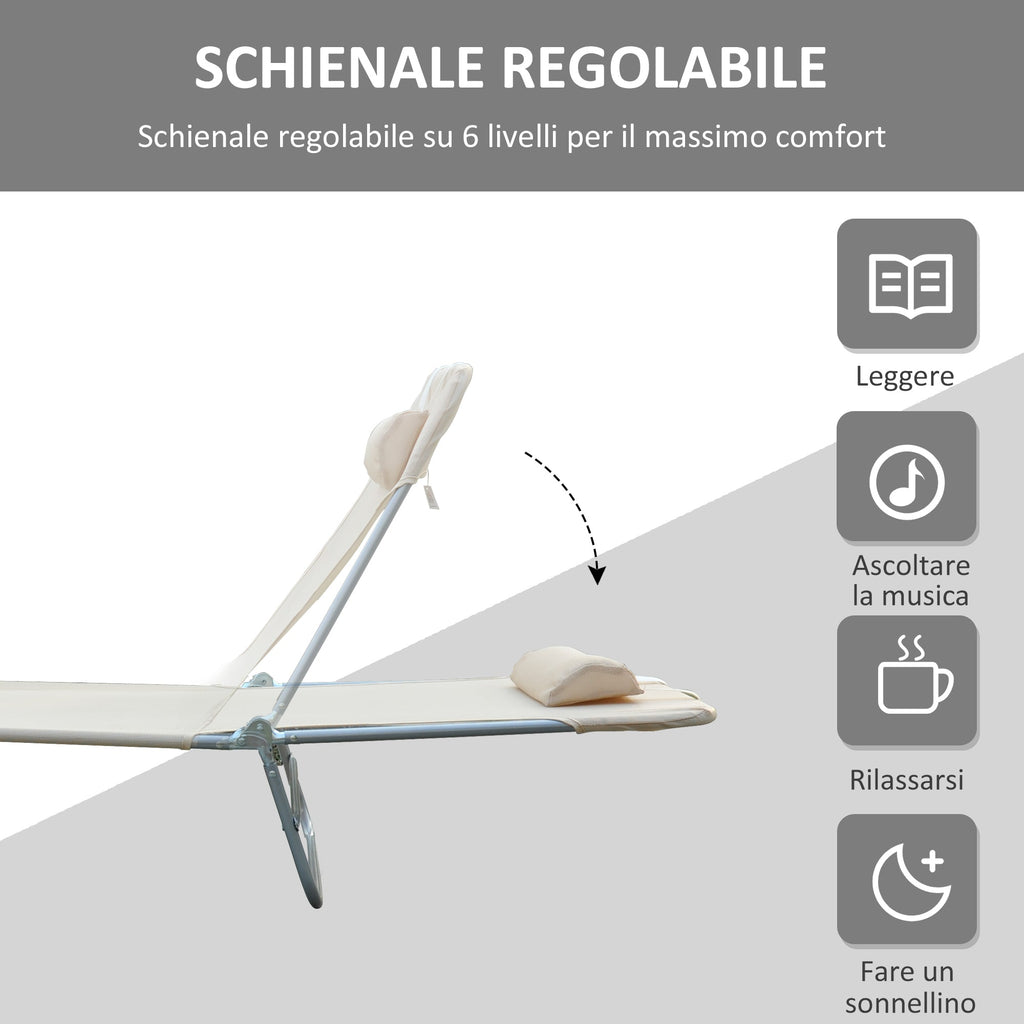 EASYCOMFORT Set of 2 Folding Sun Loungers with 4-Level Reclining Backrest, Metal and Mesh Fabric, Beige