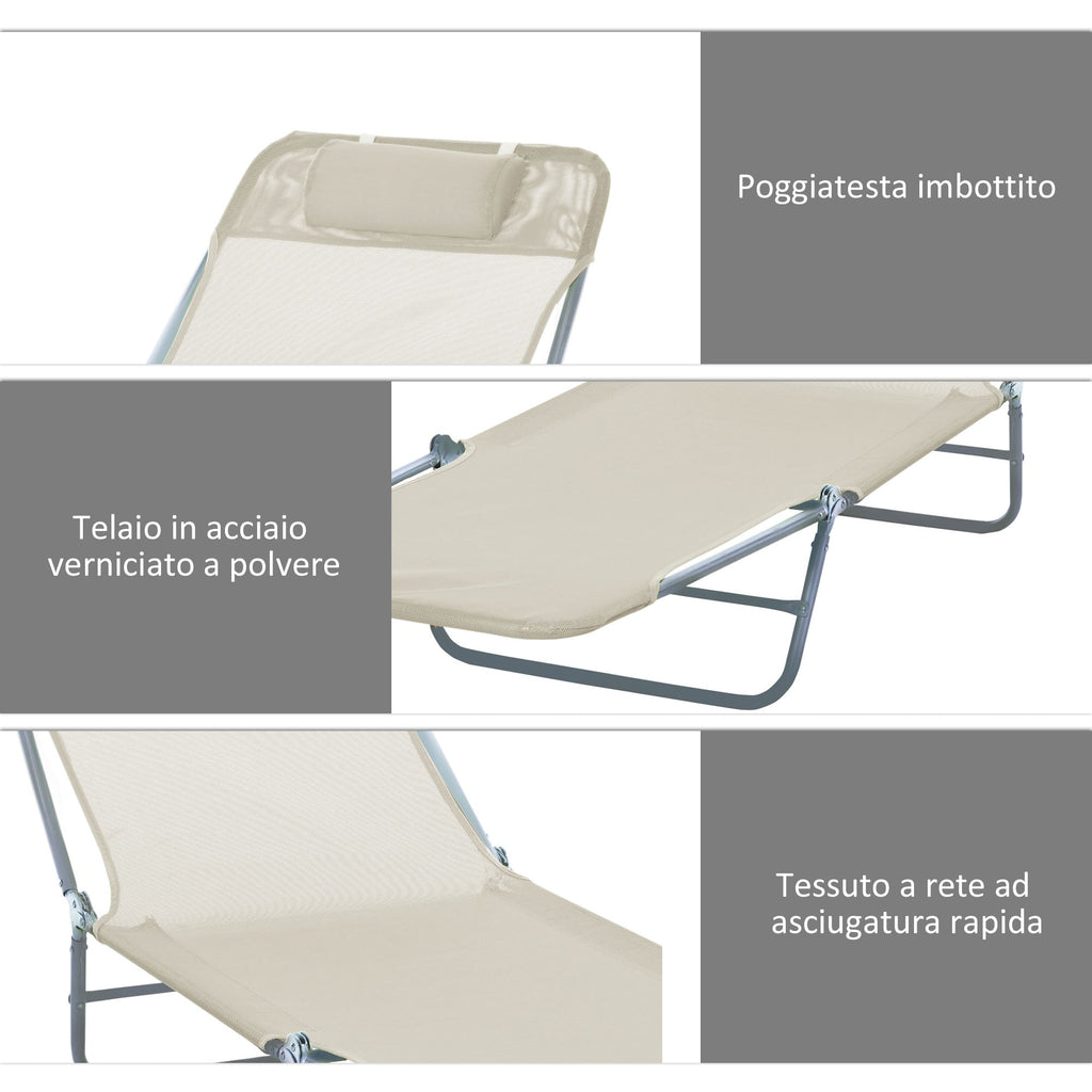EASYCOMFORT Set of 2 Folding Sun Loungers with 4-Level Reclining Backrest, Metal and Mesh Fabric, Beige