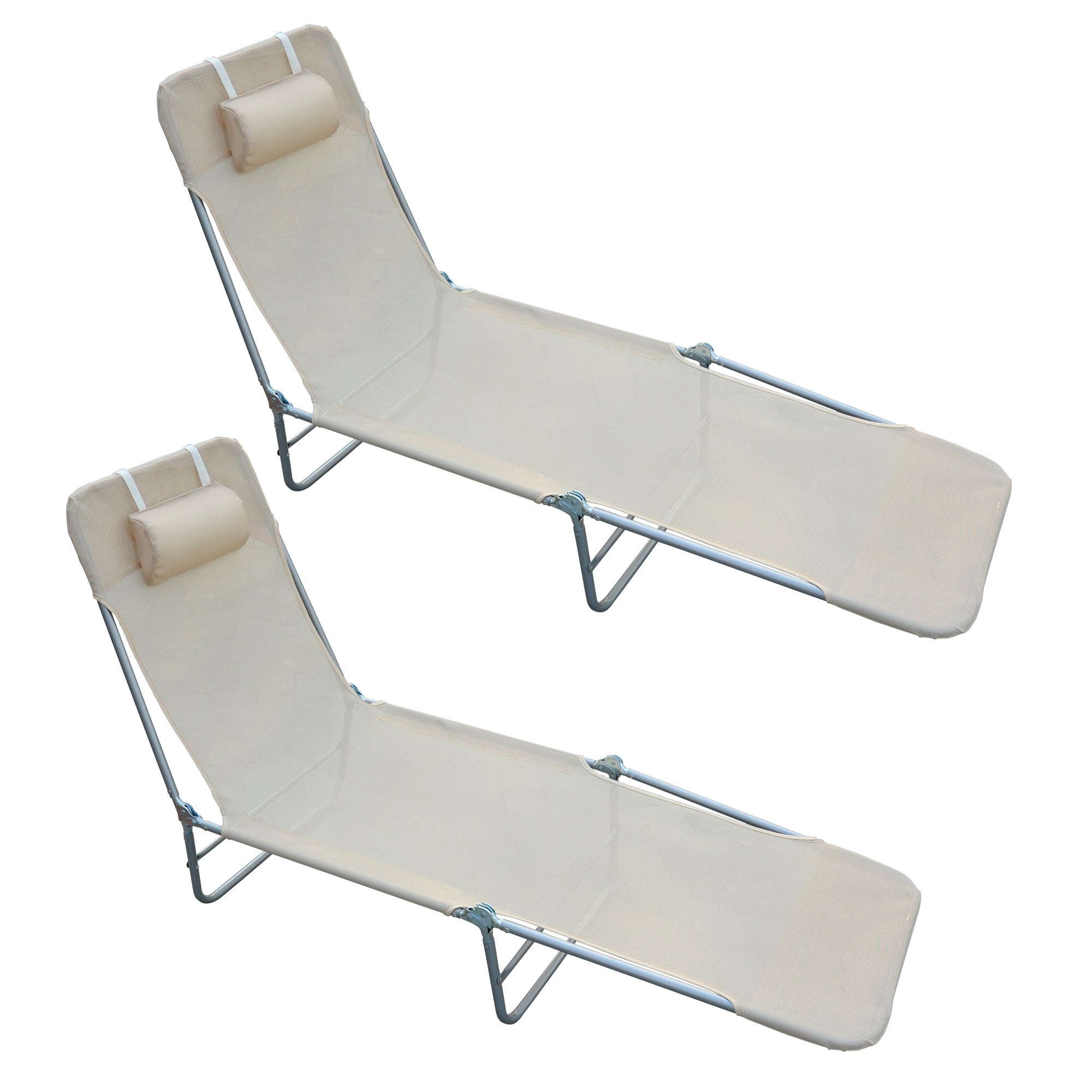 EASYCOMFORT Set of 2 Folding Sun Loungers with 4-Level Reclining Backrest, Metal and Mesh Fabric, Beige