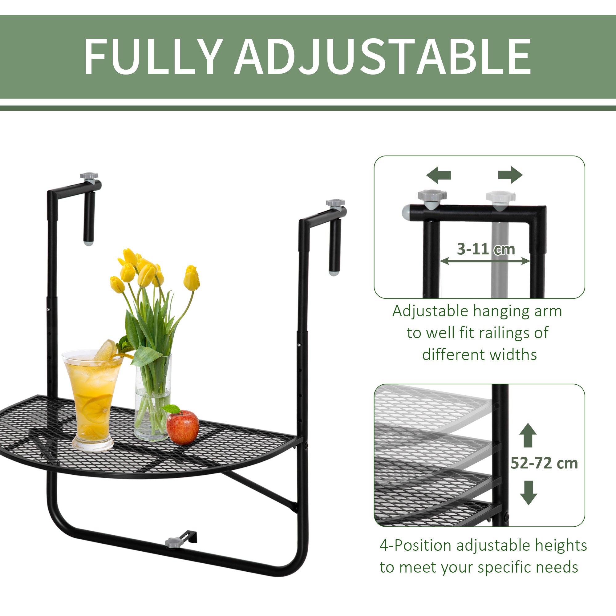EASYCOMFORT Folding and Adjustable Metal Railing Table, 60x60x57-72cm, Black