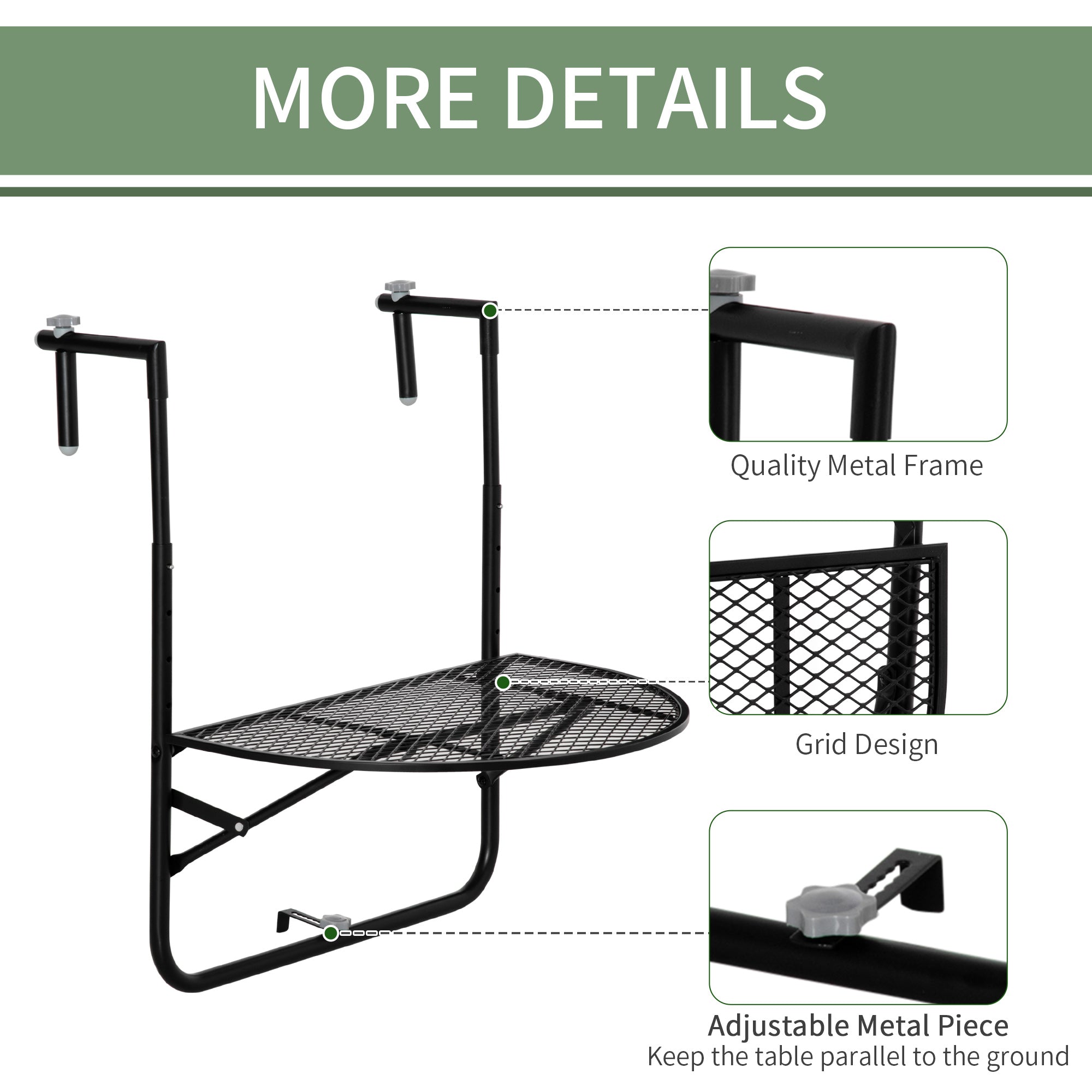 EASYCOMFORT Folding and Adjustable Metal Railing Table, 60x60x57-72cm, Black