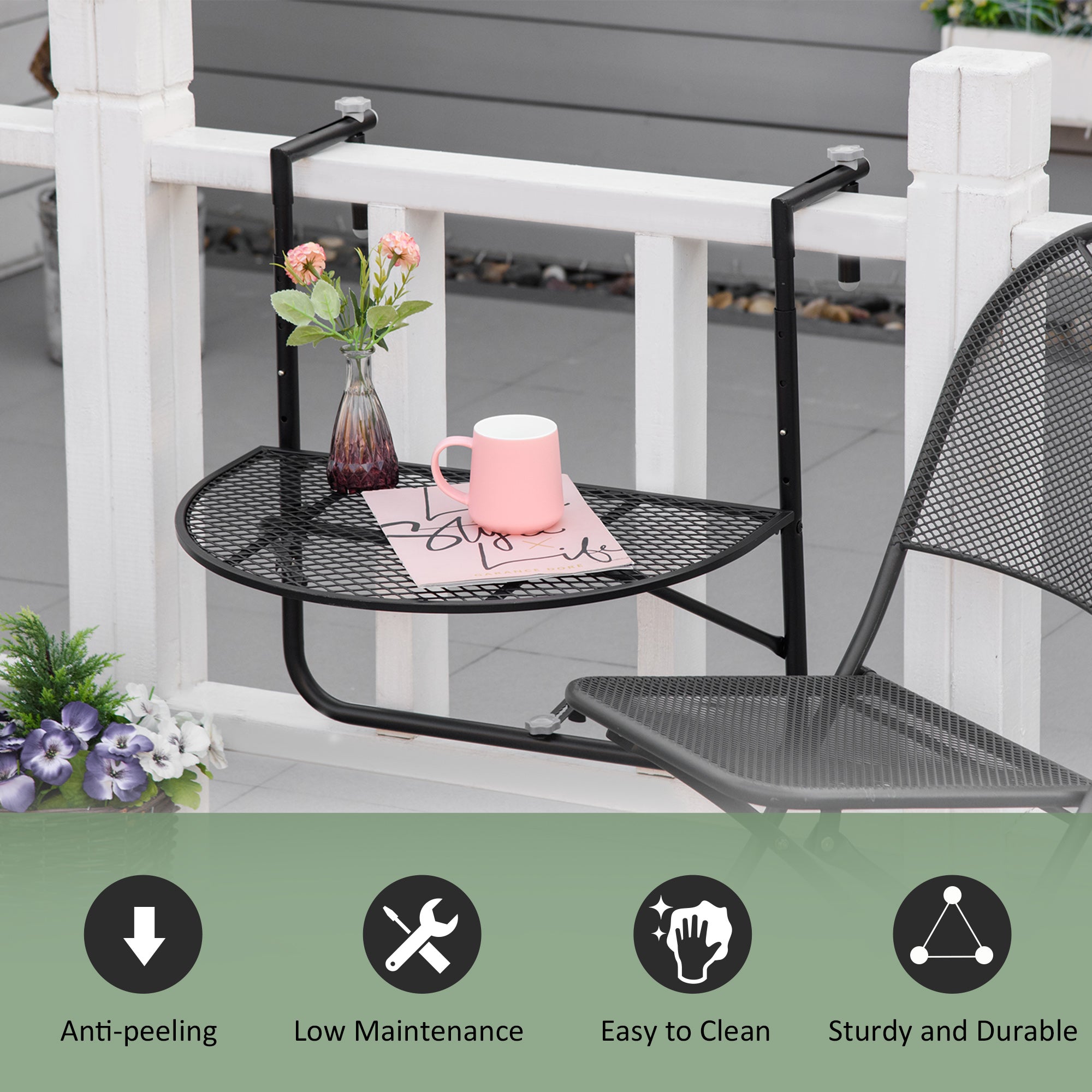 EASYCOMFORT Folding and Adjustable Metal Railing Table, 60x60x57-72cm, Black