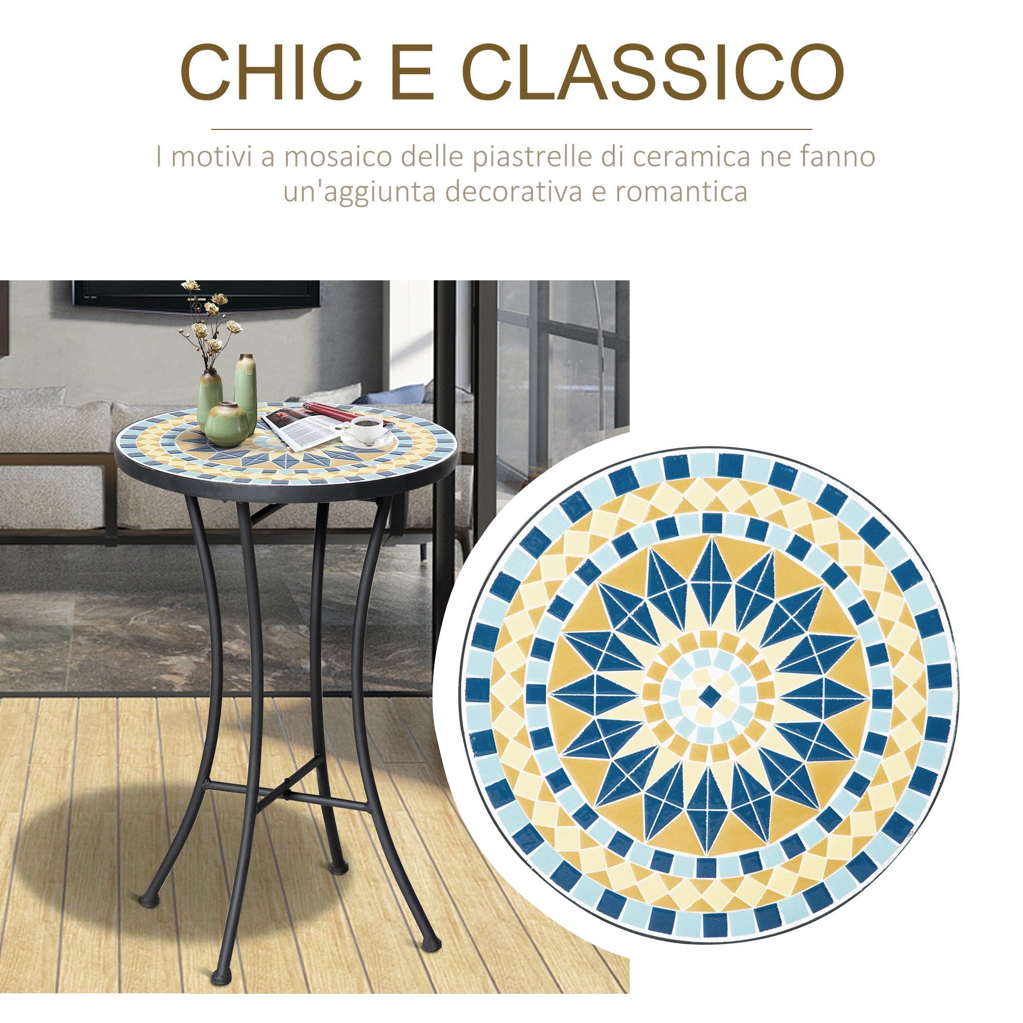 Easycomfort Tavolino da Giardino in Metallo with Piano d'Appoggio a Mosaico, ?35.5x53.5cm