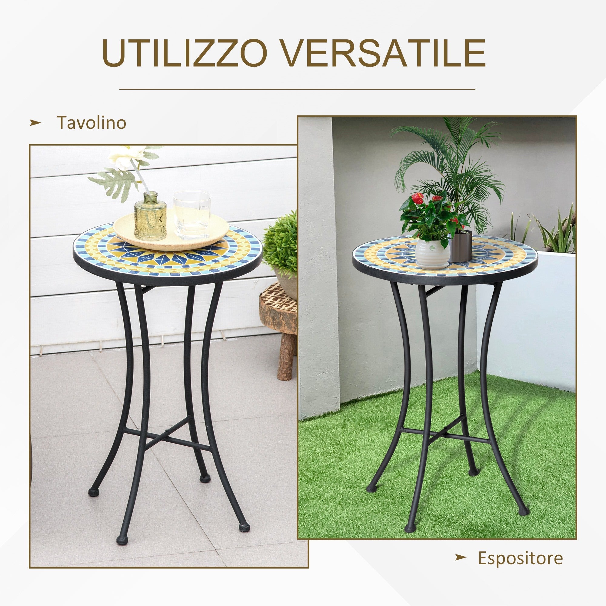 Easycomfort Tavolino da Giardino in Metallo with Piano d'Appoggio a Mosaico, ?35.5x53.5cm
