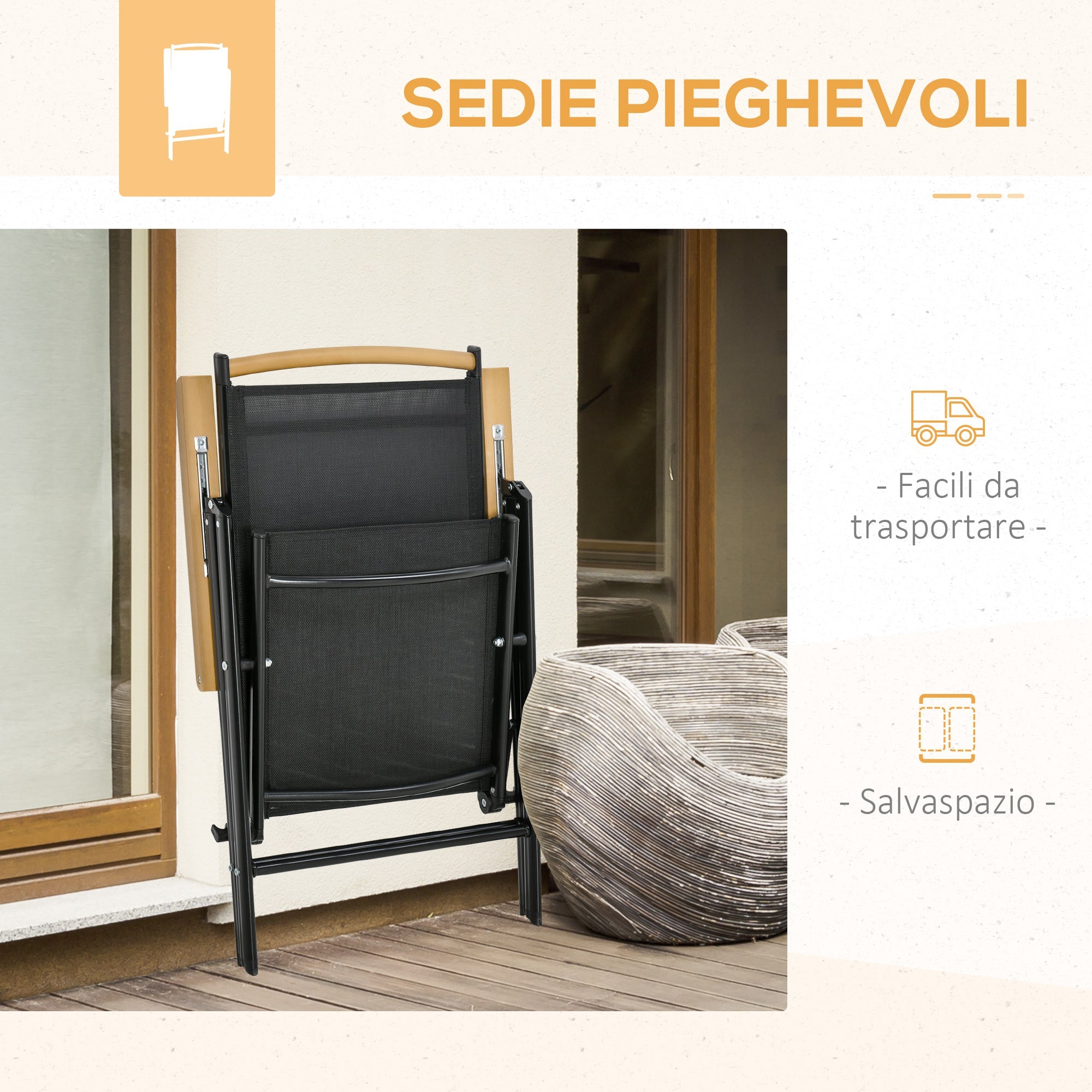 Easycomfort Set 7Pz Tavolo with Sedie da Giardino Pieghevoli e Regolabili in Texteline, black