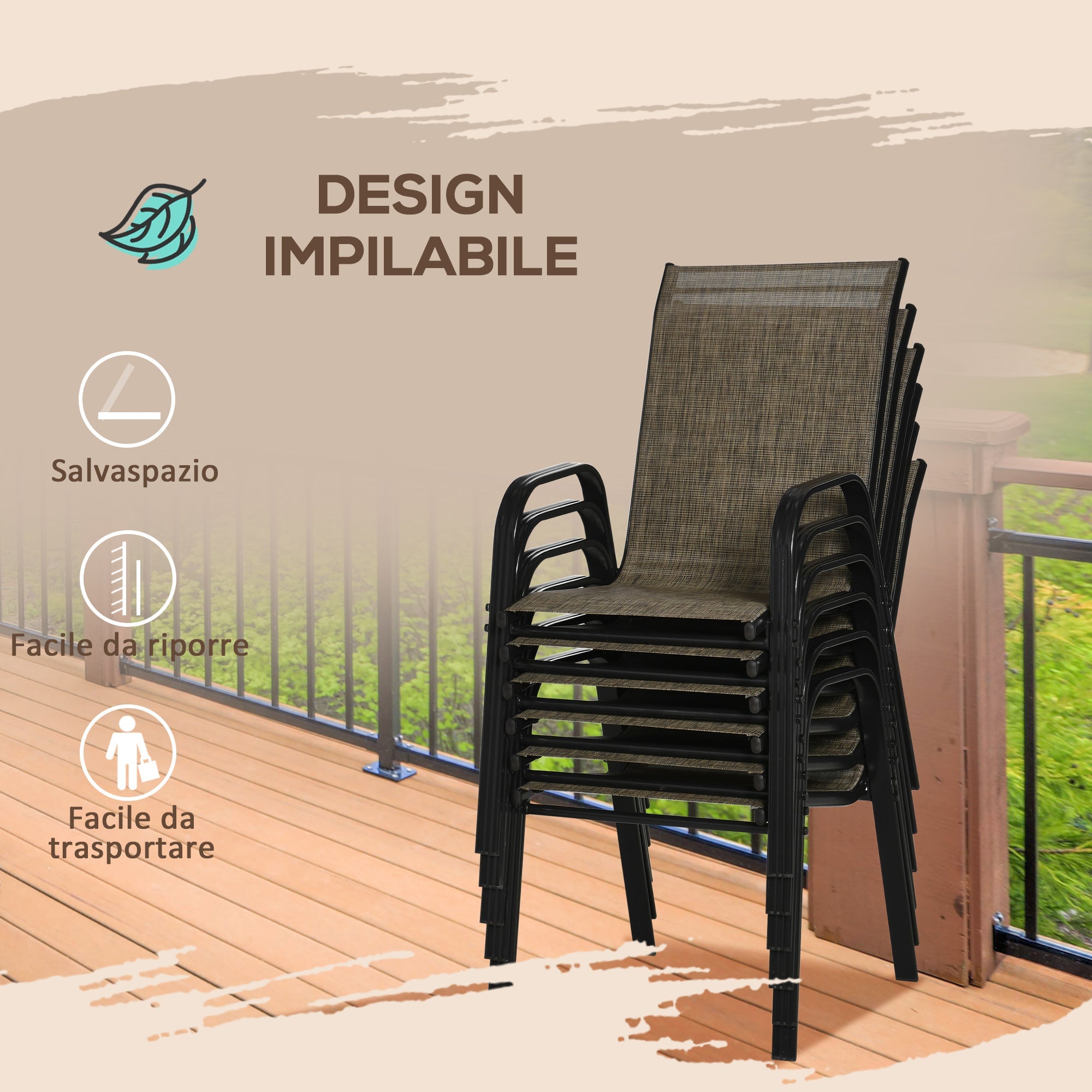 Easycomfort Sedie da Giardino Set 6 Pezzi, Sedie da Esterno Impilabili in Metallo e Tessuto Traspirante, Marrone