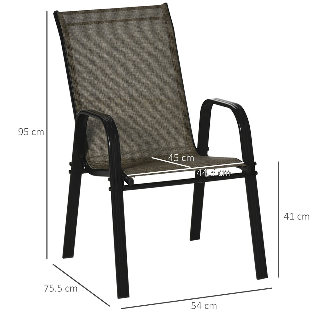 EASYCOMFORT Set of 4 Garden Chairs with Armrests, Stackable Outdoor Chairs in Metal and Breathable Fabric, Brown