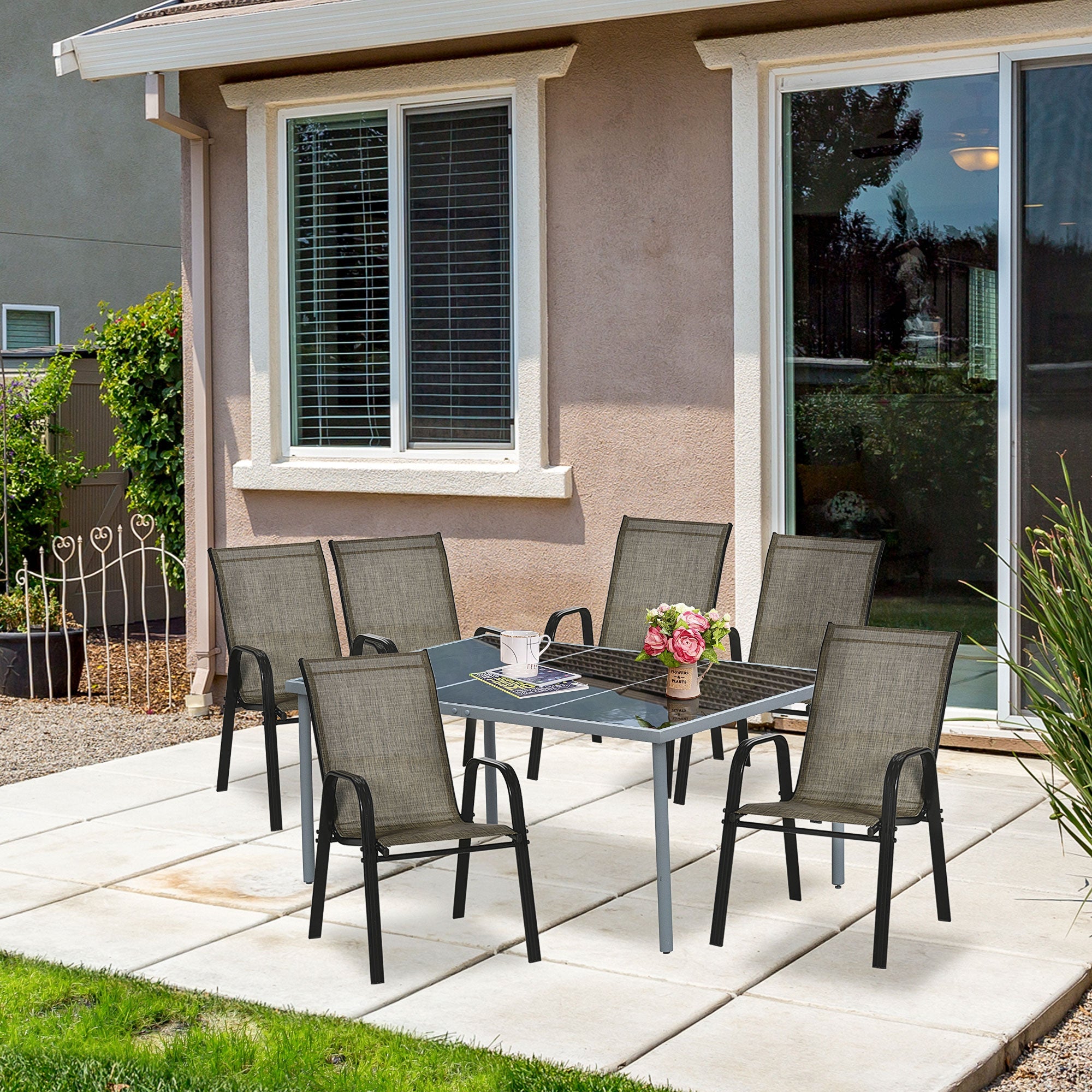 EASYCOMFORT Set of 4 Garden Chairs with Armrests, Stackable Outdoor Chairs in Metal and Breathable Fabric, Brown