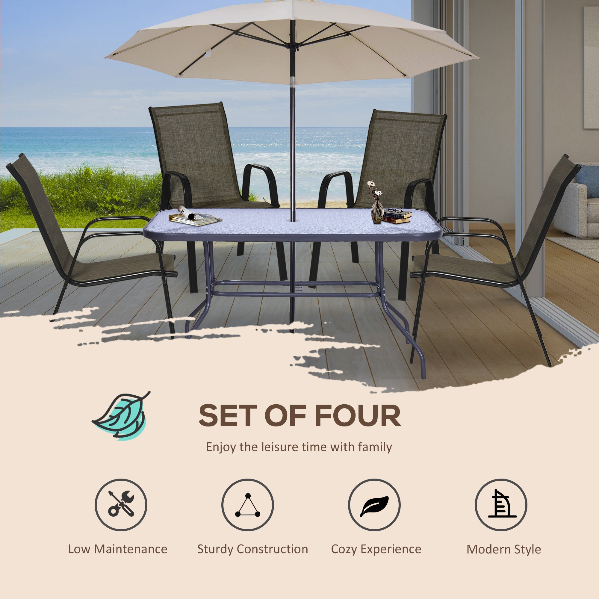 EASYCOMFORT Set of 4 Garden Chairs with Armrests, Stackable Outdoor Chairs in Metal and Breathable Fabric, Brown