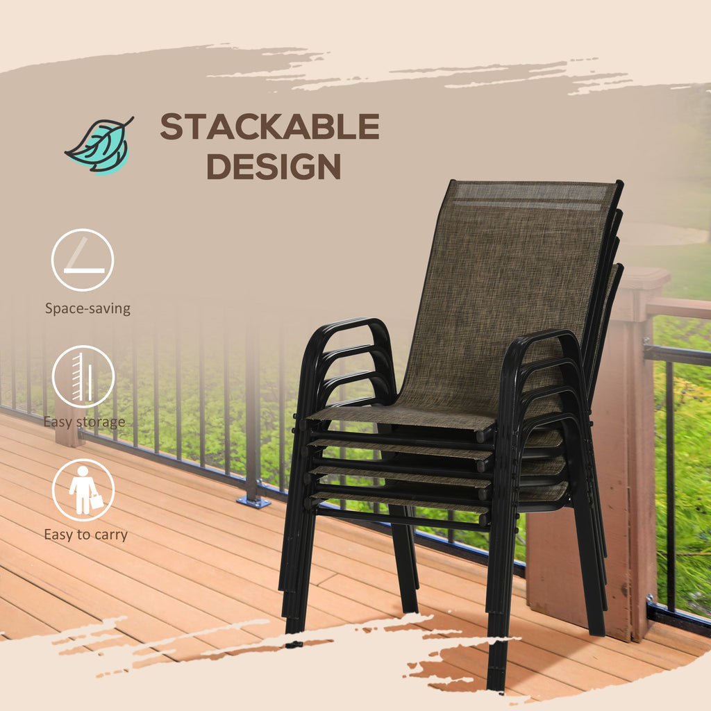 EASYCOMFORT Set of 4 Garden Chairs with Armrests, Stackable Outdoor Chairs in Metal and Breathable Fabric, Brown