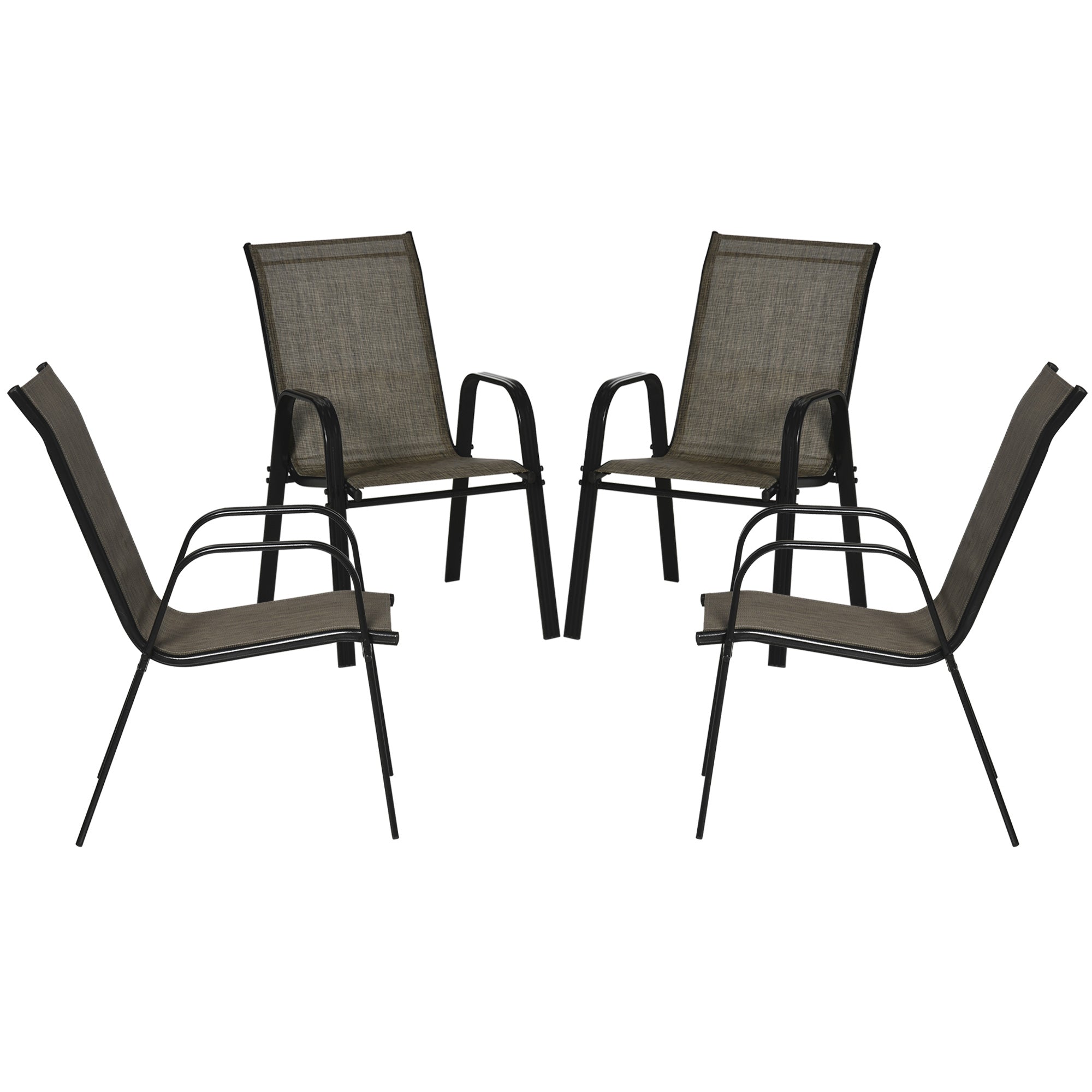 EASYCOMFORT Set of 4 Garden Chairs with Armrests, Stackable Outdoor Chairs in Metal and Breathable Fabric, Brown