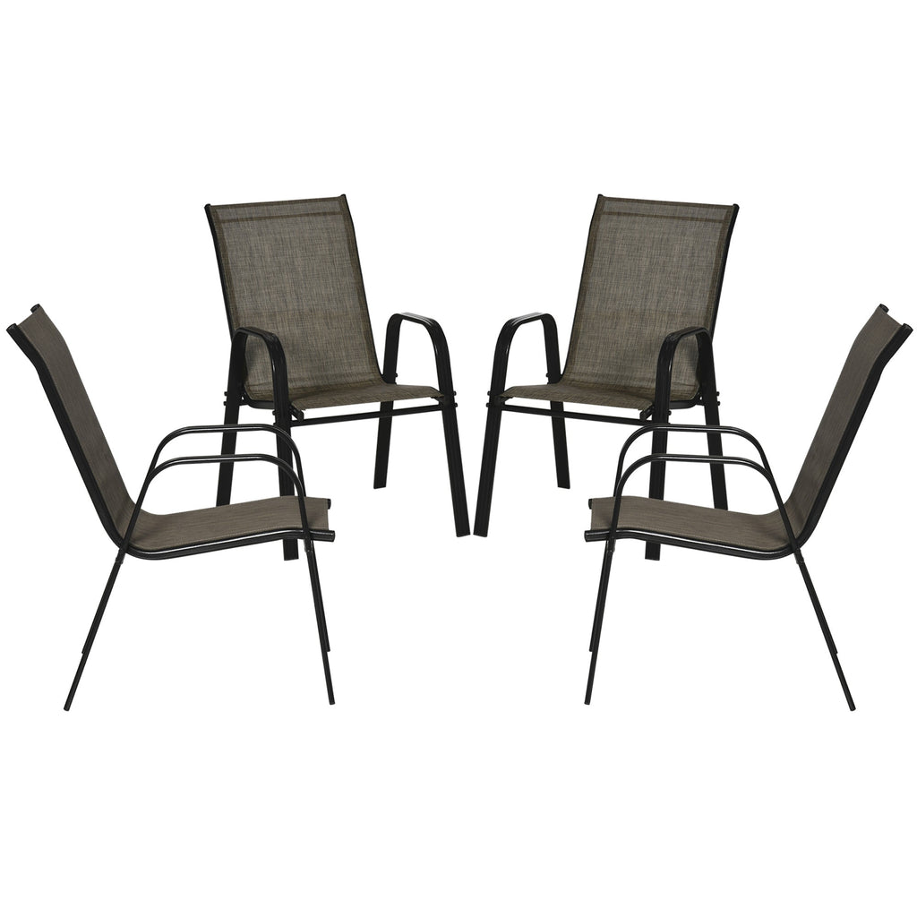EASYCOMFORT Set of 4 Garden Chairs with Armrests, Stackable Outdoor Chairs in Metal and Breathable Fabric, Brown