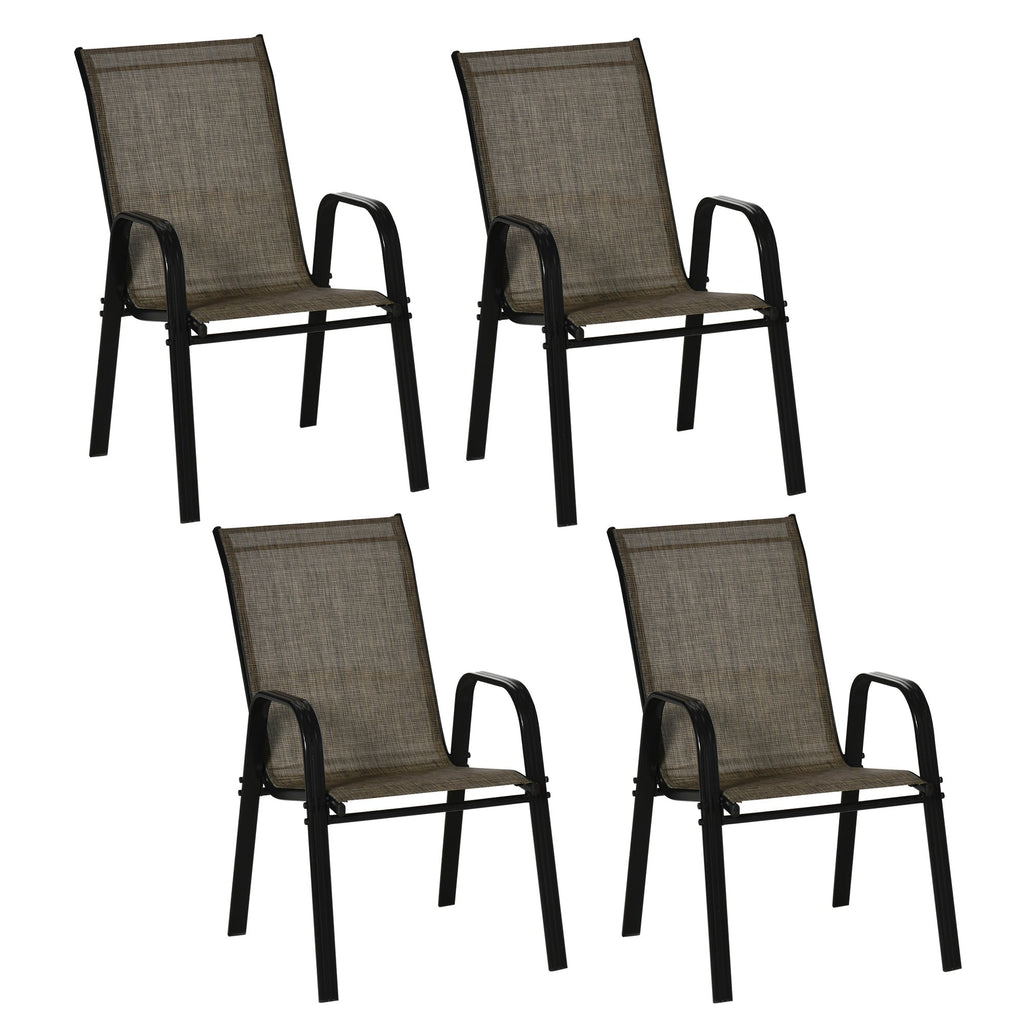 EASYCOMFORT Set of 4 Garden Chairs with Armrests, Stackable Outdoor Chairs in Metal and Breathable Fabric, Brown