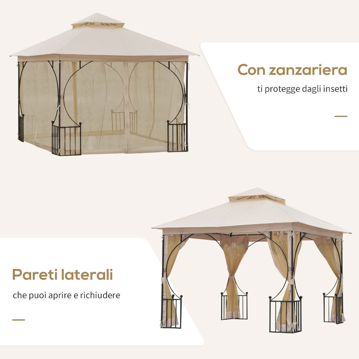 EASYCOMFORT Garden Gazebo 3x3m in Metal with Mosquito Nets and Polyester Canopy, Beige